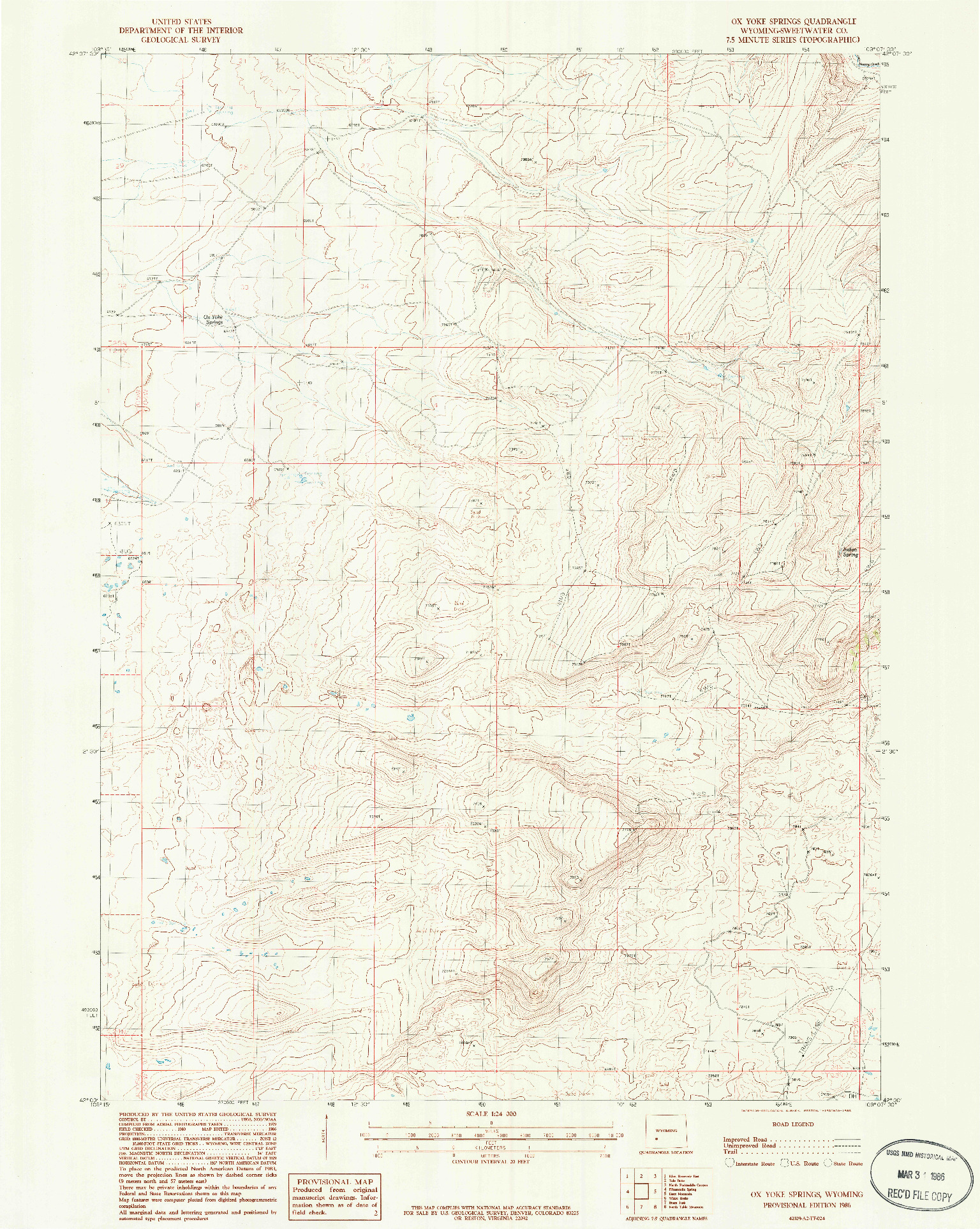 USGS 1:24000-SCALE QUADRANGLE FOR OX YOKE SPRINGS, WY 1986