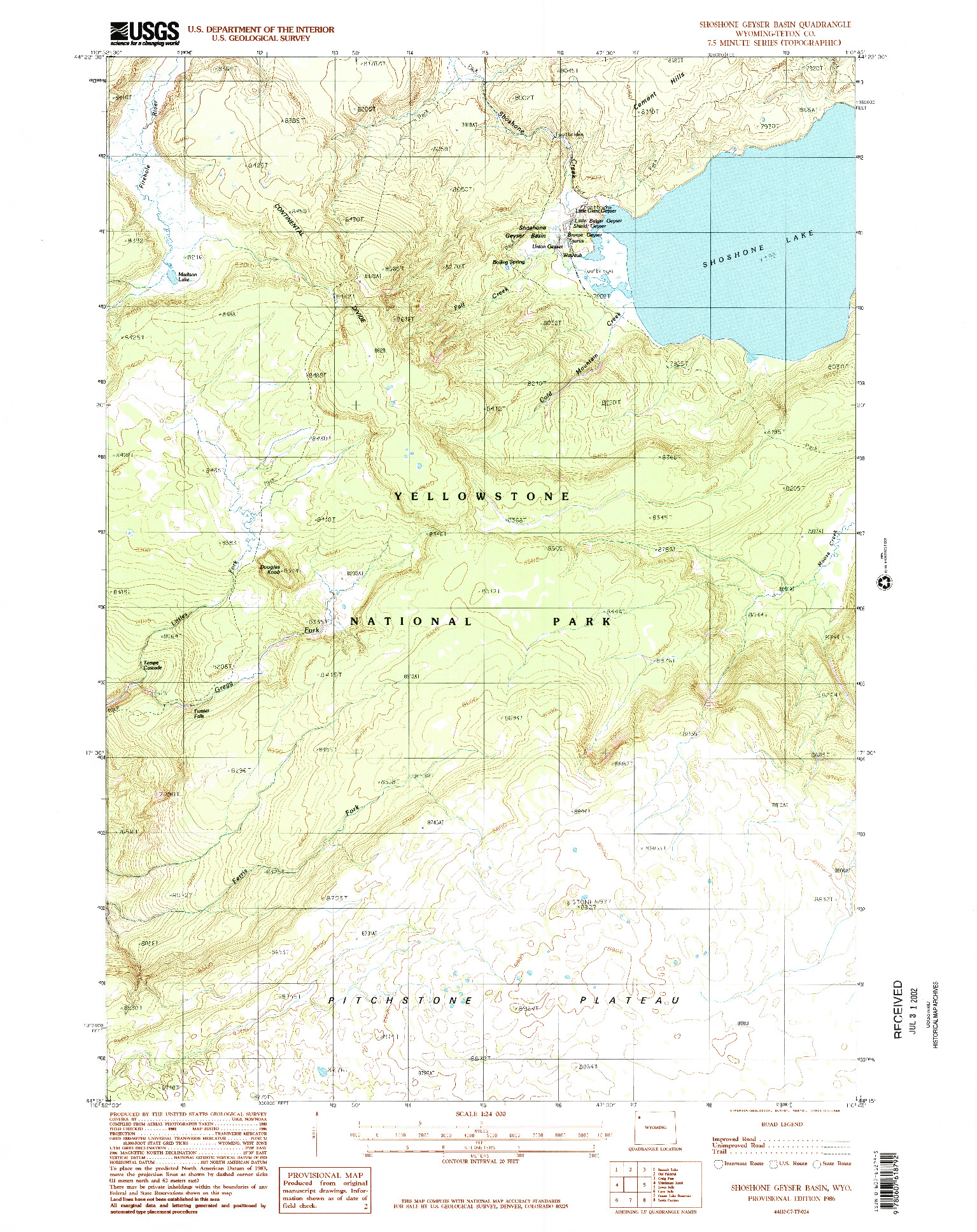 USGS 1:24000-SCALE QUADRANGLE FOR SHOSHONE GEYSER BASIN, WY 1986