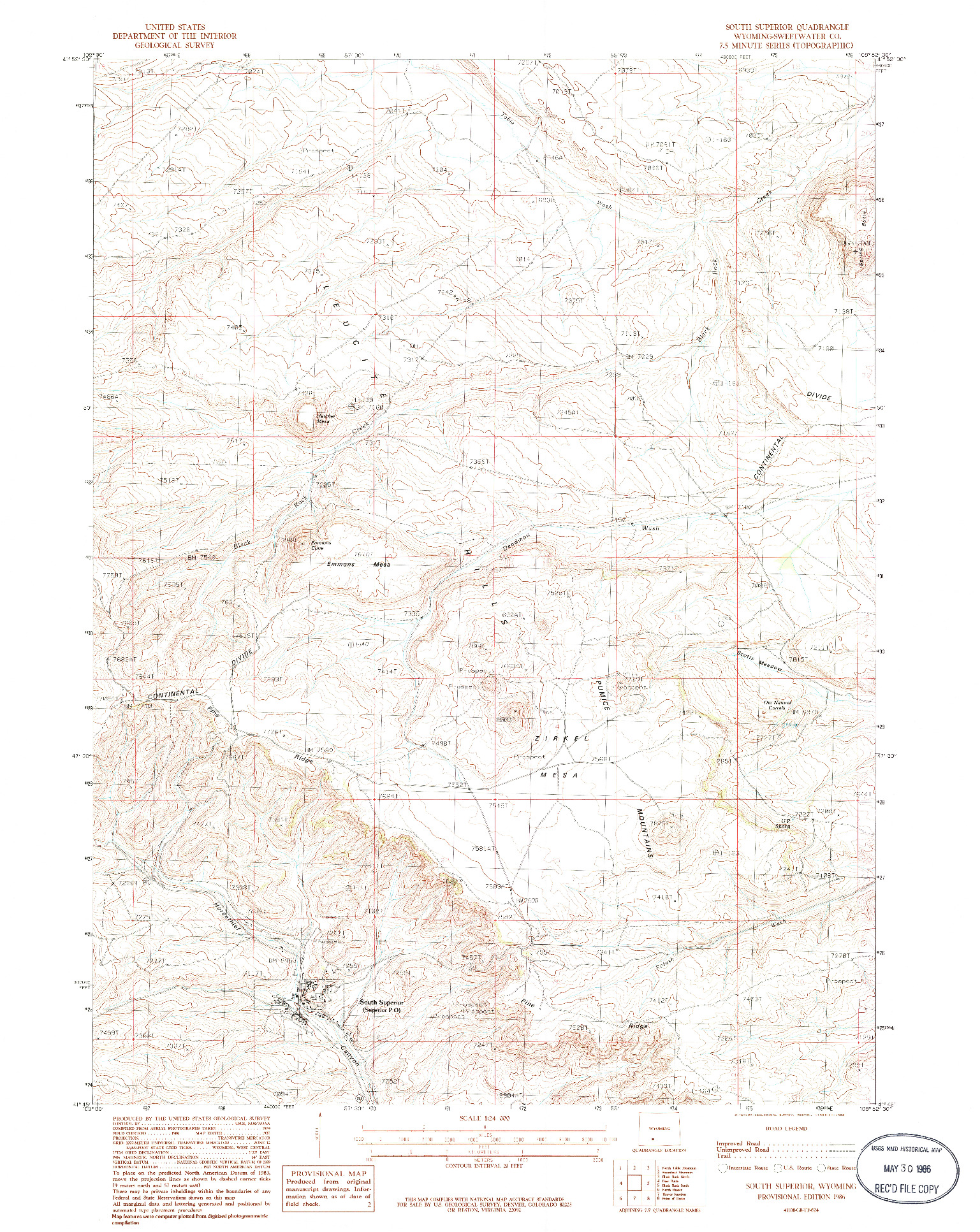 USGS 1:24000-SCALE QUADRANGLE FOR SOUTH SUPERIOR, WY 1986