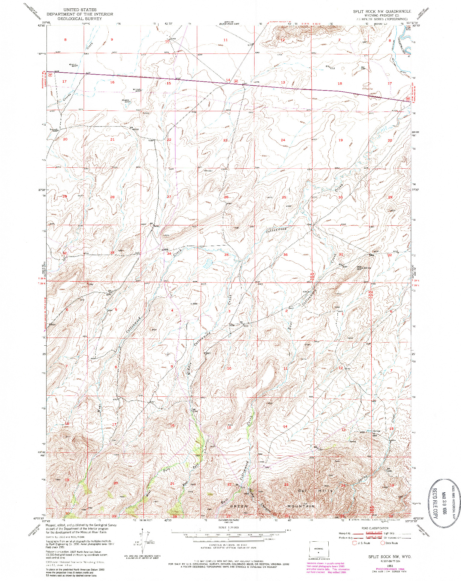 USGS 1:24000-SCALE QUADRANGLE FOR SPLIT ROCK NW, WY 1951