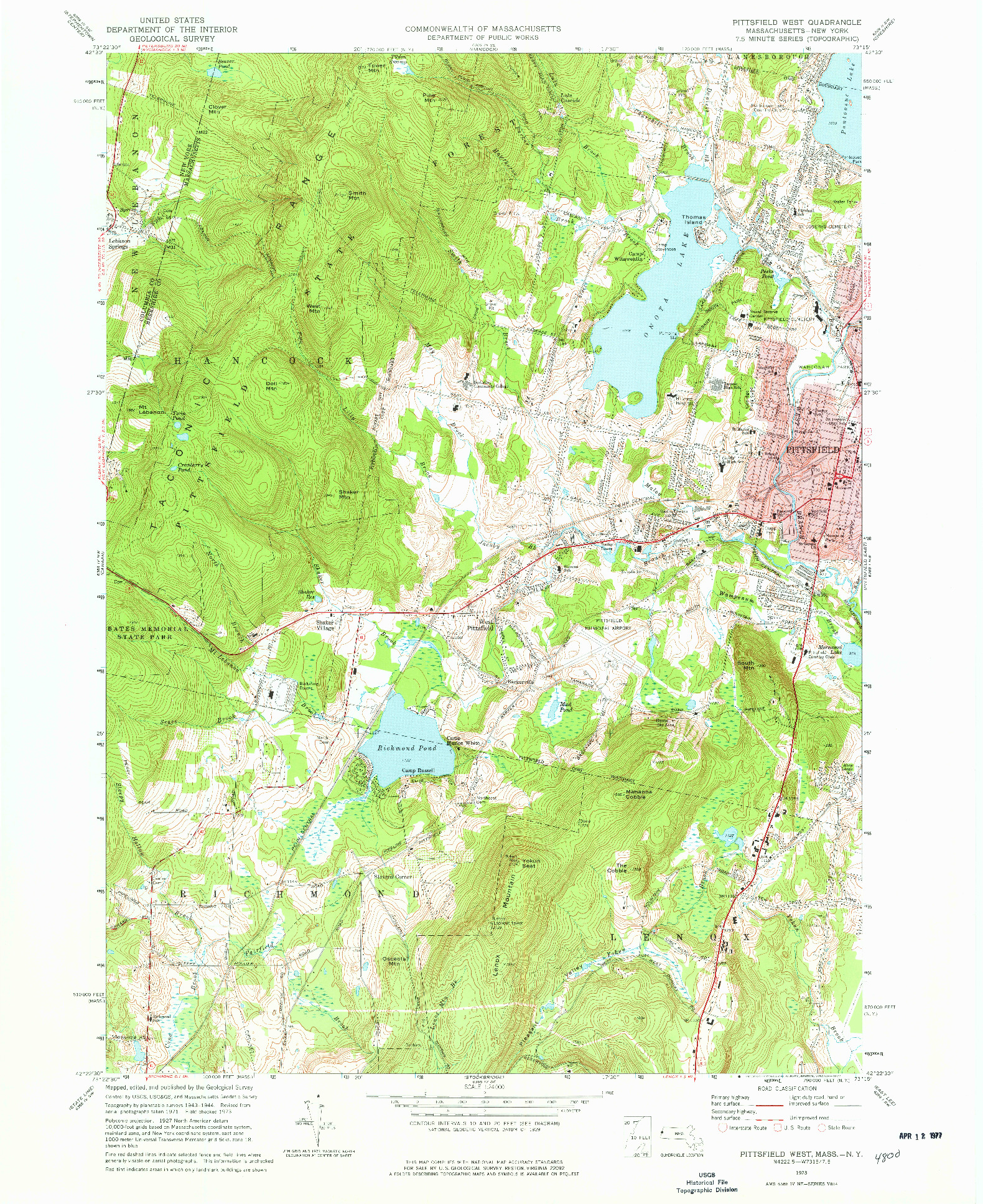 USGS 1:24000-SCALE QUADRANGLE FOR PITTSFIELD WEST, MA 1973