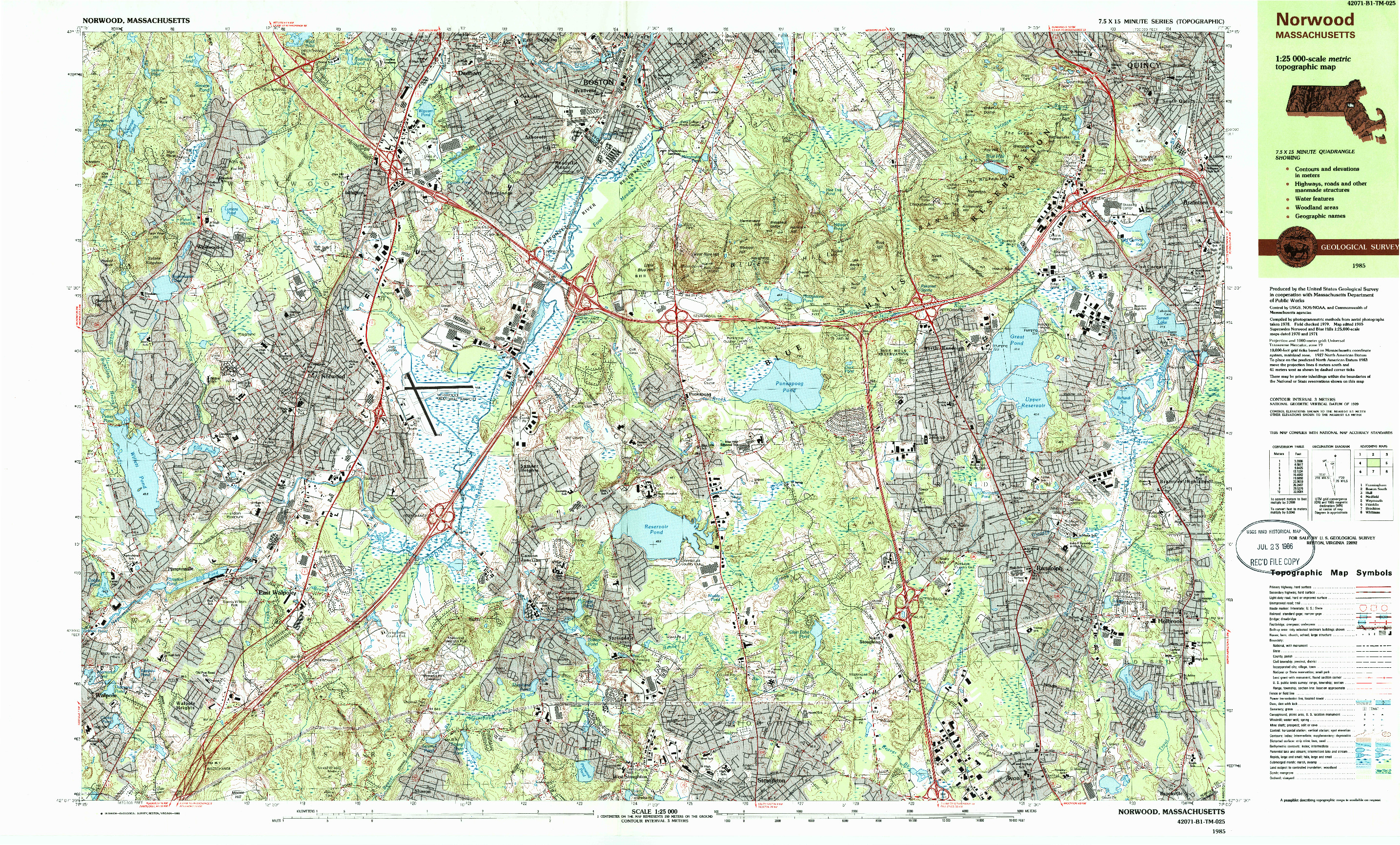 USGS 1:25000-SCALE QUADRANGLE FOR NORWOOD, MA 1985