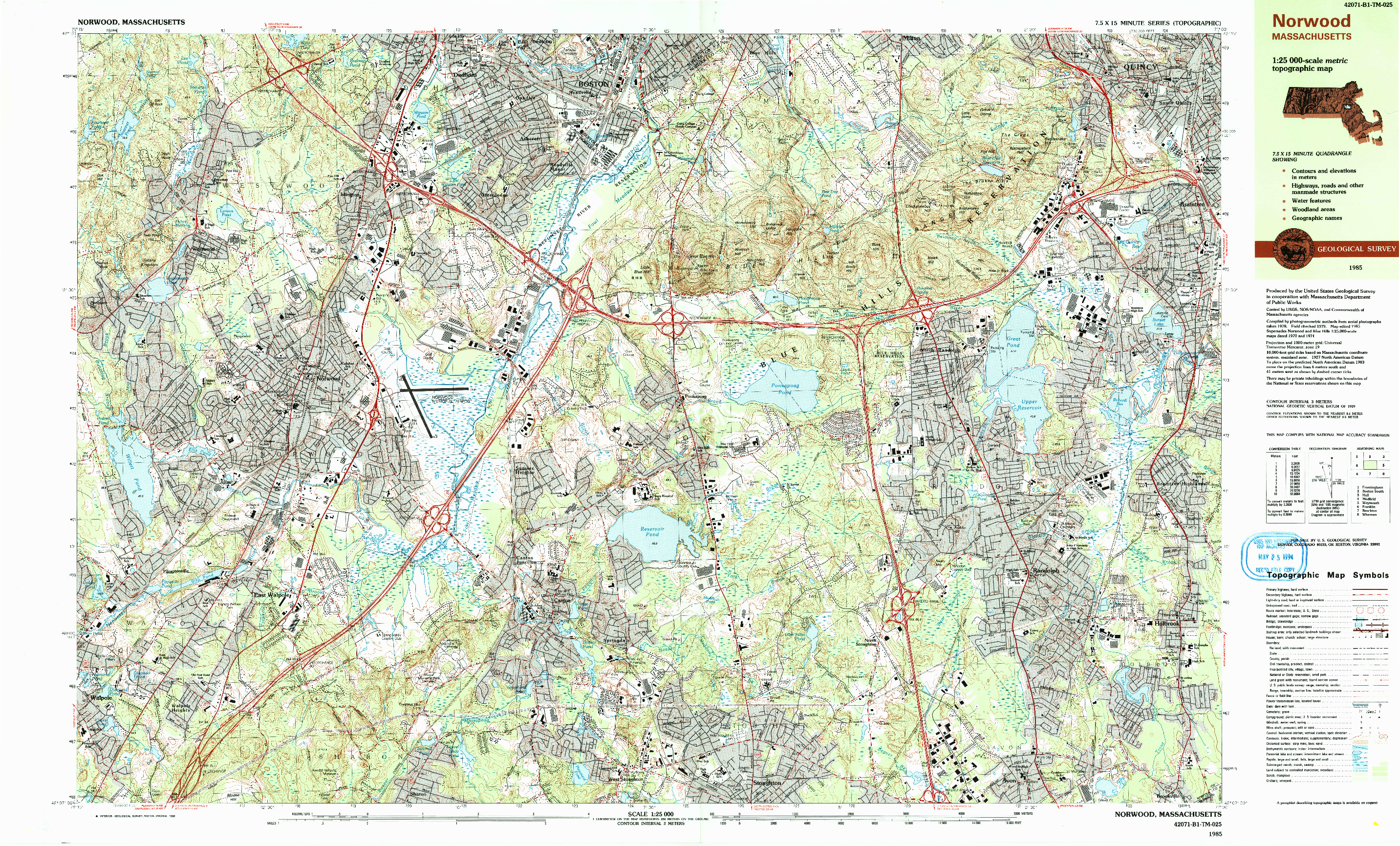 USGS 1:25000-SCALE QUADRANGLE FOR NORWOOD, MA 1985