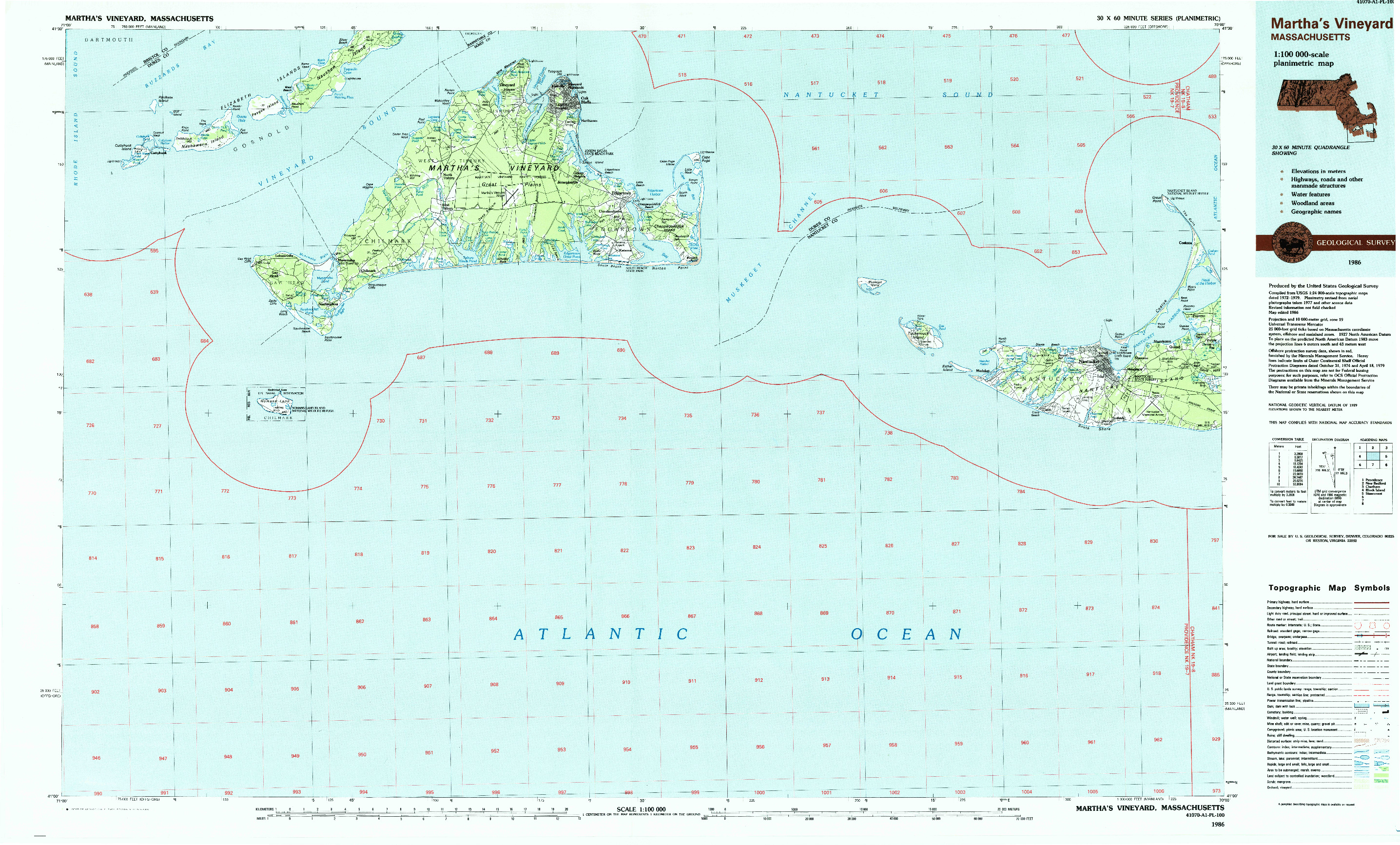 USGS 1:100000-SCALE QUADRANGLE FOR MARTHA'S VINEYARD, MA 1986