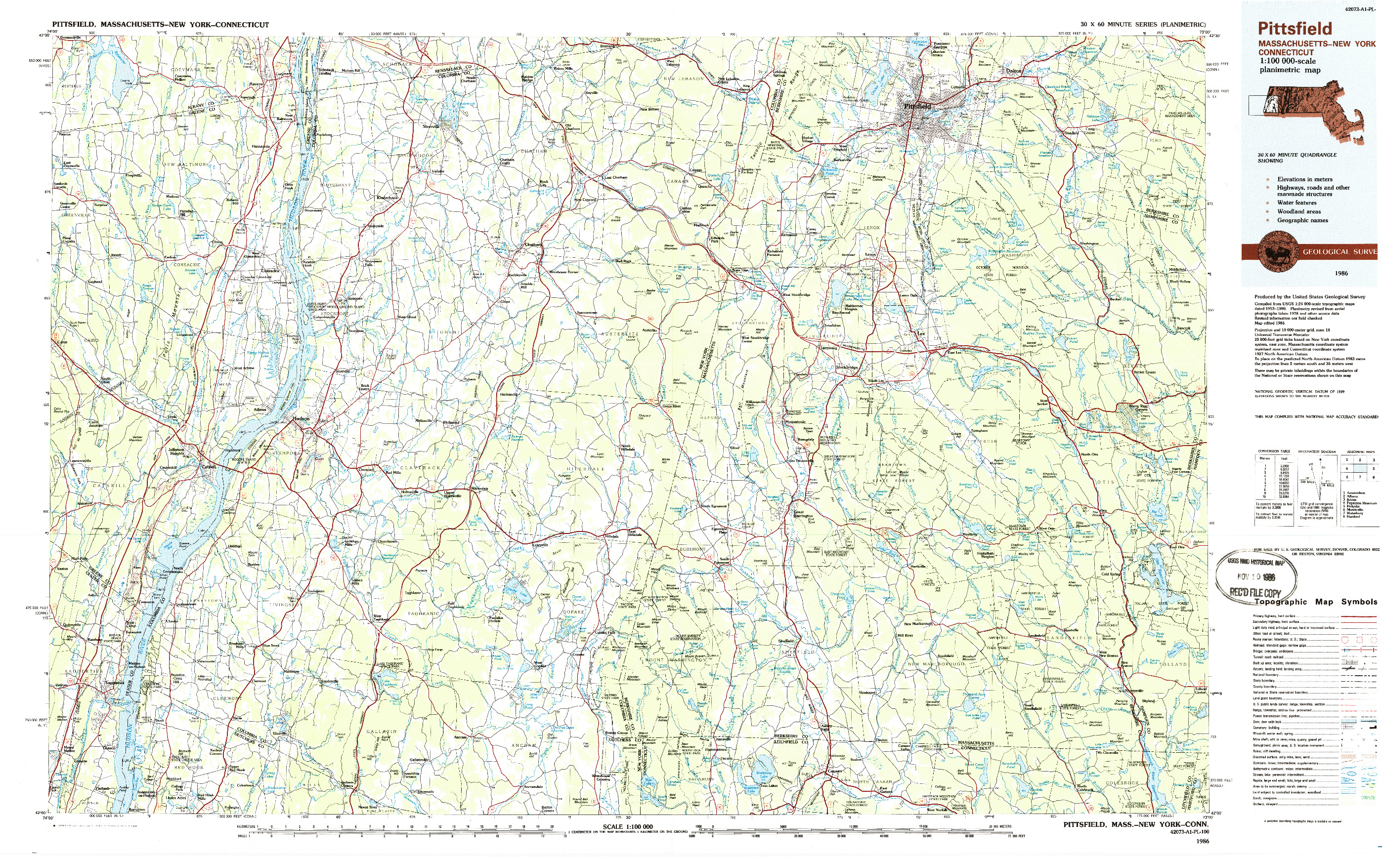 USGS 1:100000-SCALE QUADRANGLE FOR PITTSFIELD, MA 1986