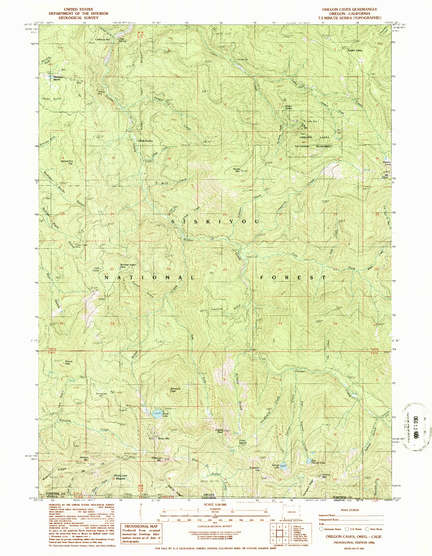 USGS 1:24000-SCALE QUADRANGLE FOR OREGON CAVES, OR 1986