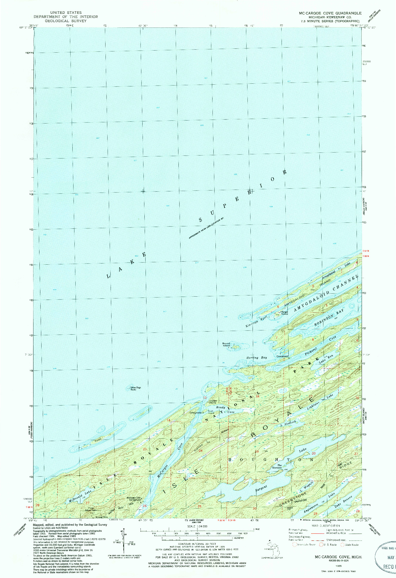 USGS 1:24000-SCALE QUADRANGLE FOR MCCARGOE COVE, MI 1985