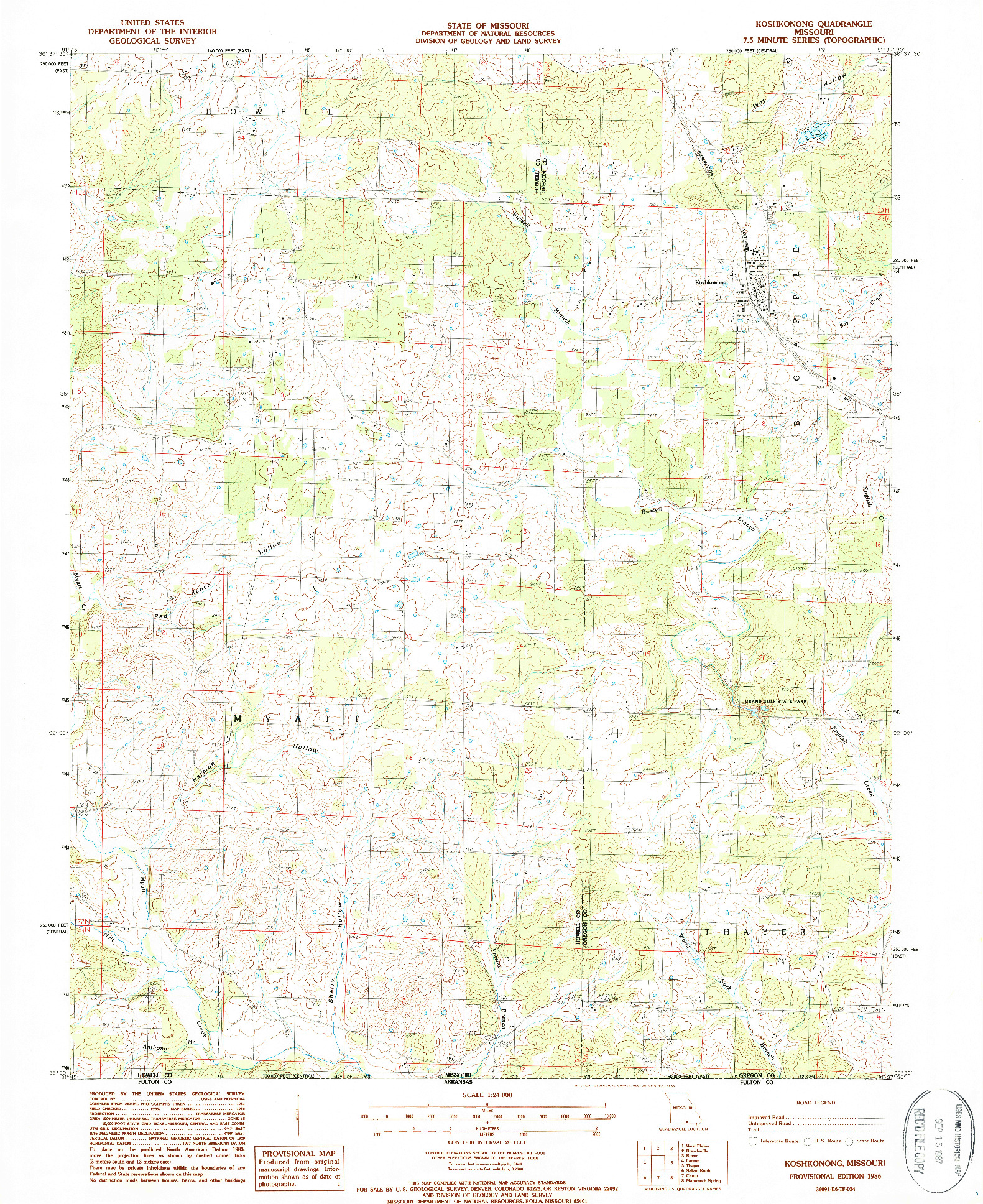 USGS 1:24000-SCALE QUADRANGLE FOR KOSHKONONG, MO 1986