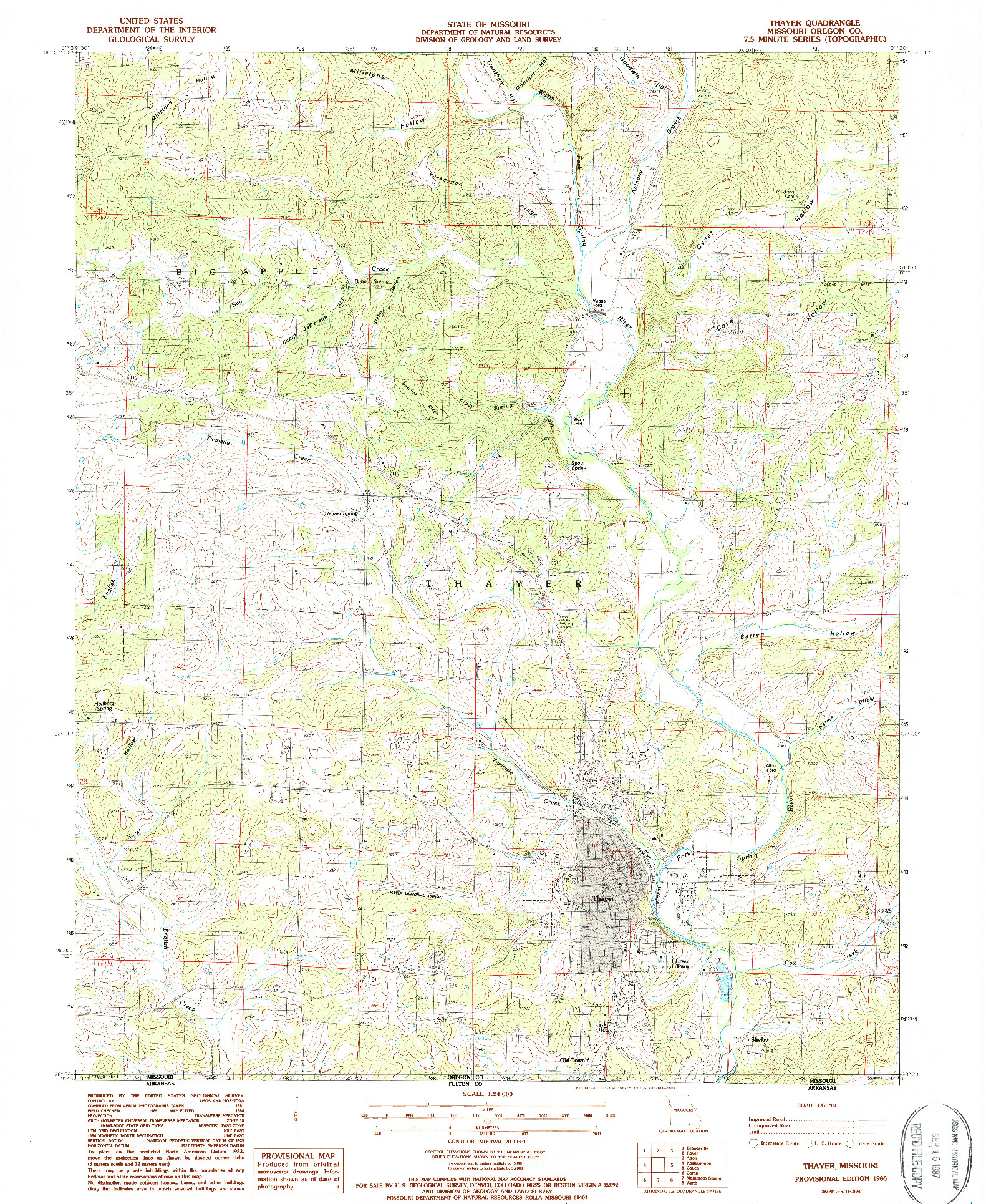 USGS 1:24000-SCALE QUADRANGLE FOR THAYER, MO 1986