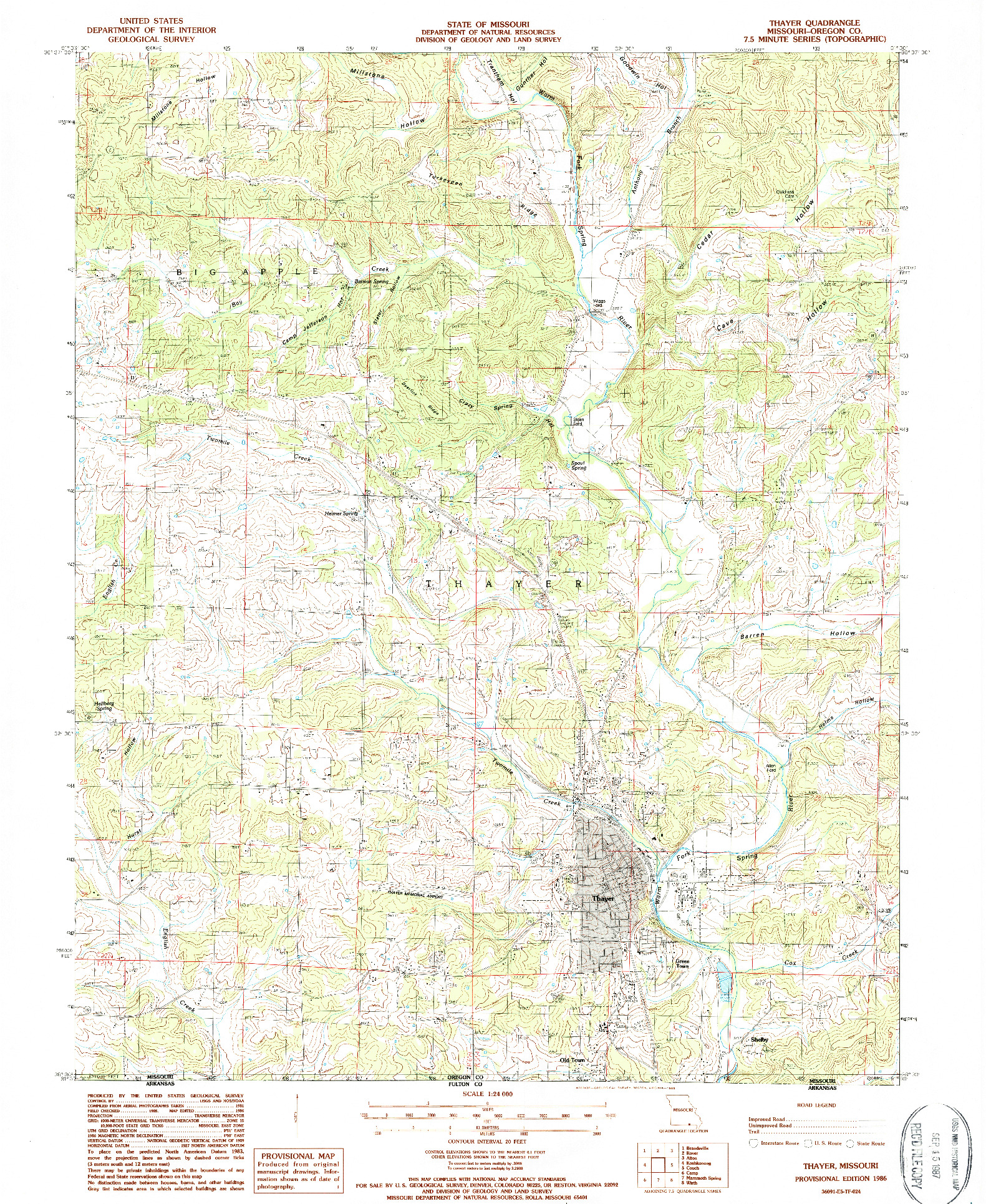 USGS 1:24000-SCALE QUADRANGLE FOR THAYER, MO 1986