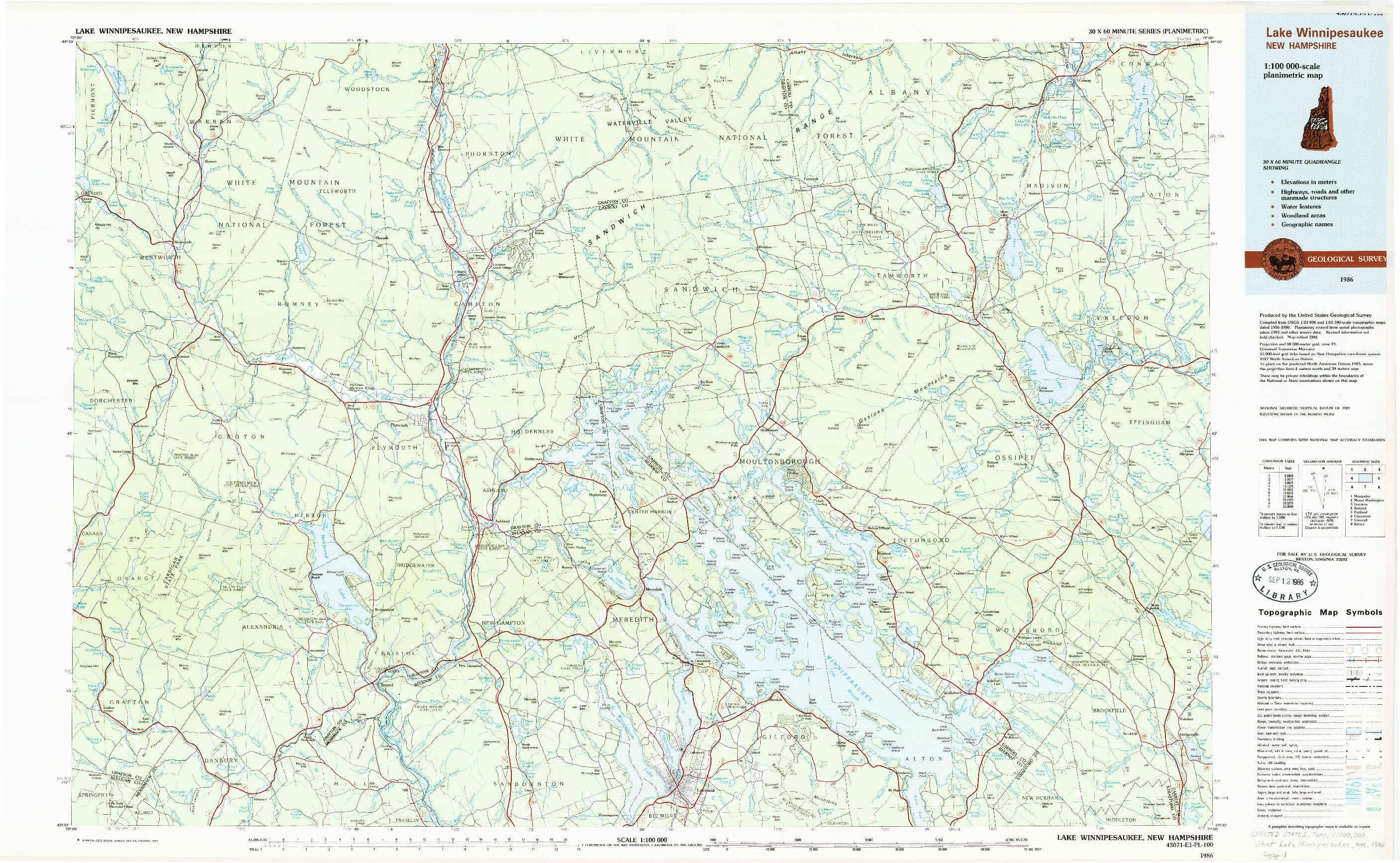 USGS 1:100000-SCALE QUADRANGLE FOR LAKE WINNIPESAUKEE, NH 1986