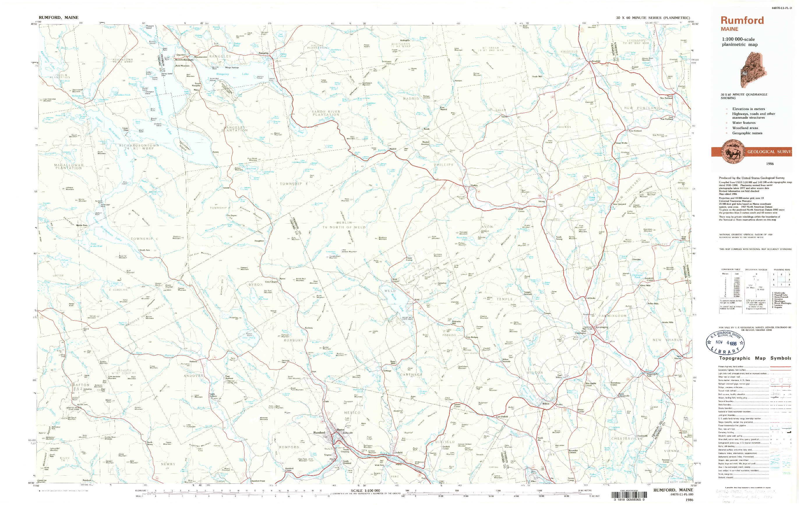 USGS 1:100000-SCALE QUADRANGLE FOR RUMFORD, ME 1986