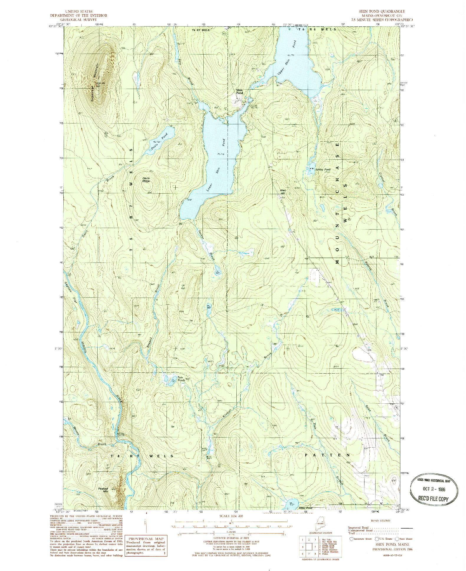 USGS 1:24000-SCALE QUADRANGLE FOR SHIN POND, ME 1986