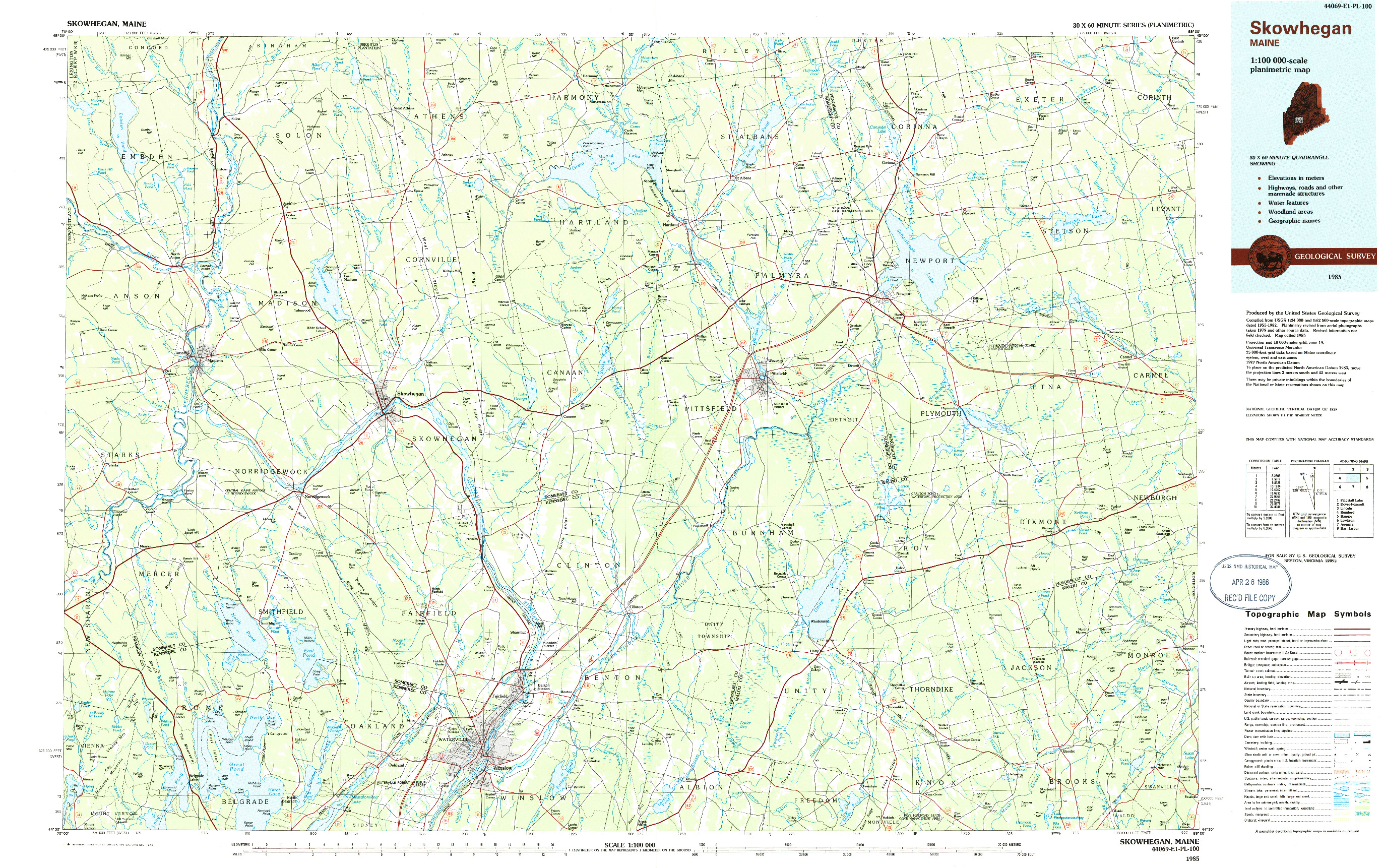 USGS 1:100000-SCALE QUADRANGLE FOR SKOWHEGAN, ME 1985