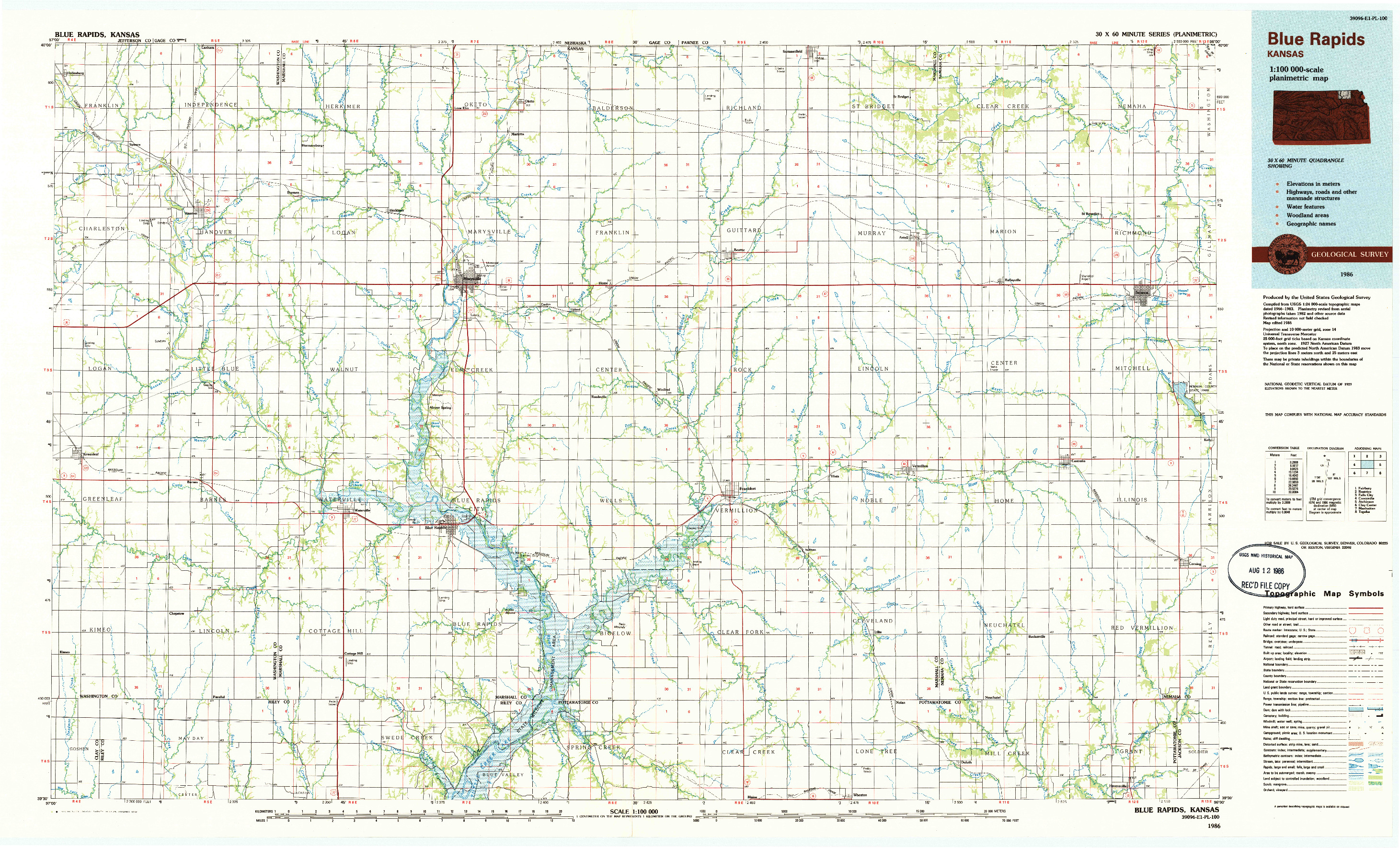 USGS 1:100000-SCALE QUADRANGLE FOR BLUE RAPIDS, KS 1986