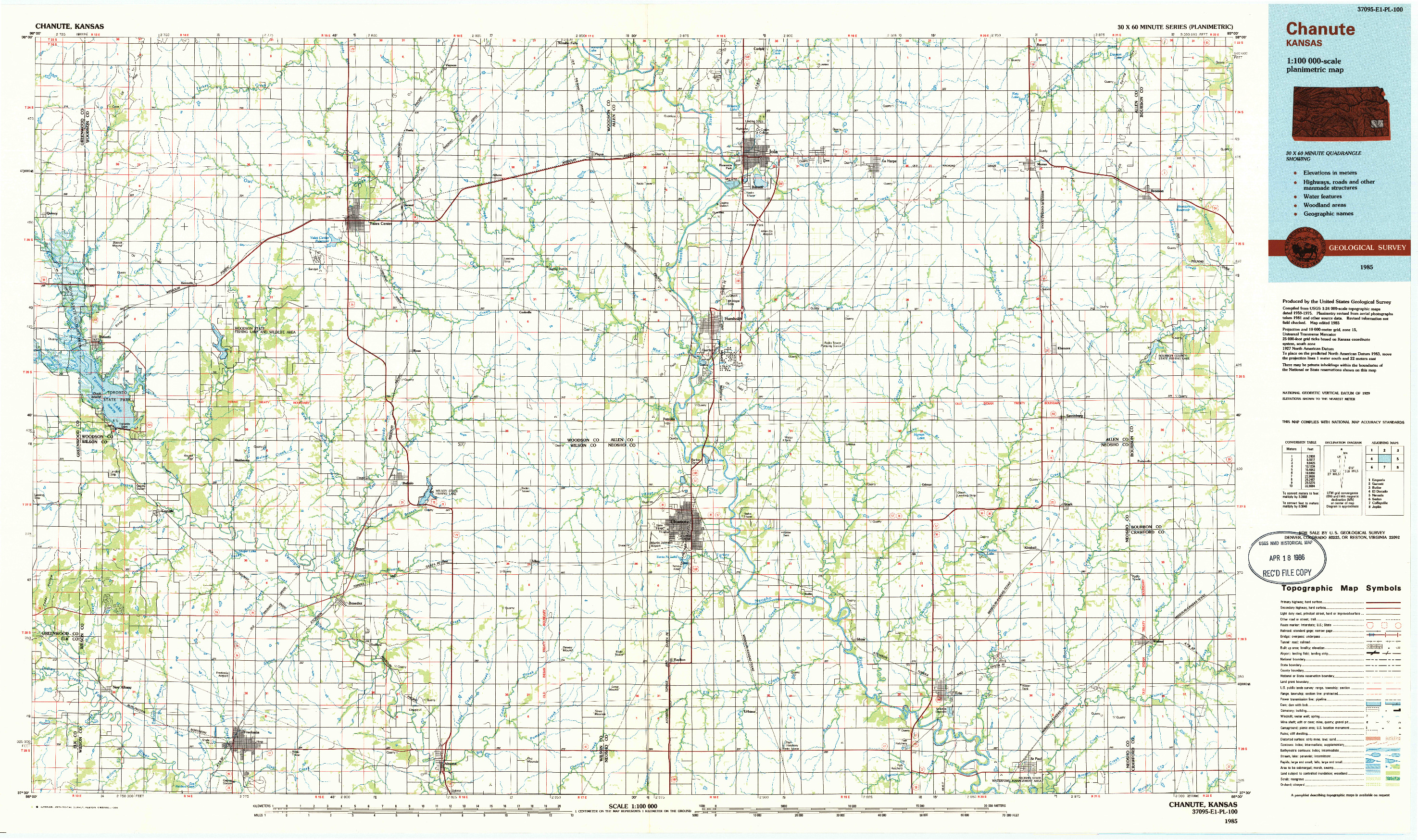 USGS 1:100000-SCALE QUADRANGLE FOR CHANUTE, KS 1985