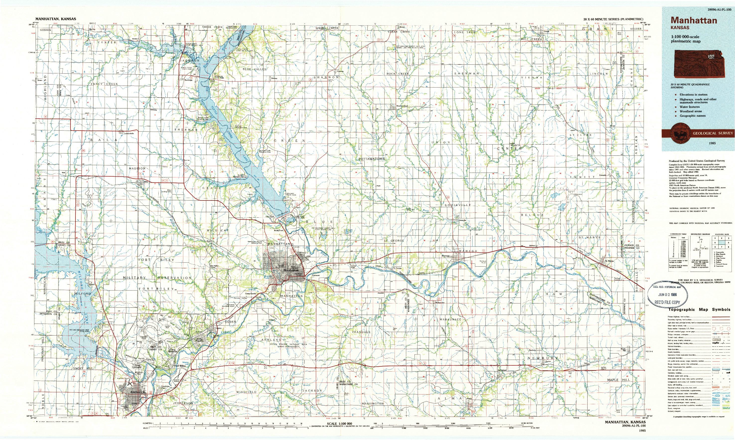 USGS 1:100000-SCALE QUADRANGLE FOR MANHATTAN, KS 1985
