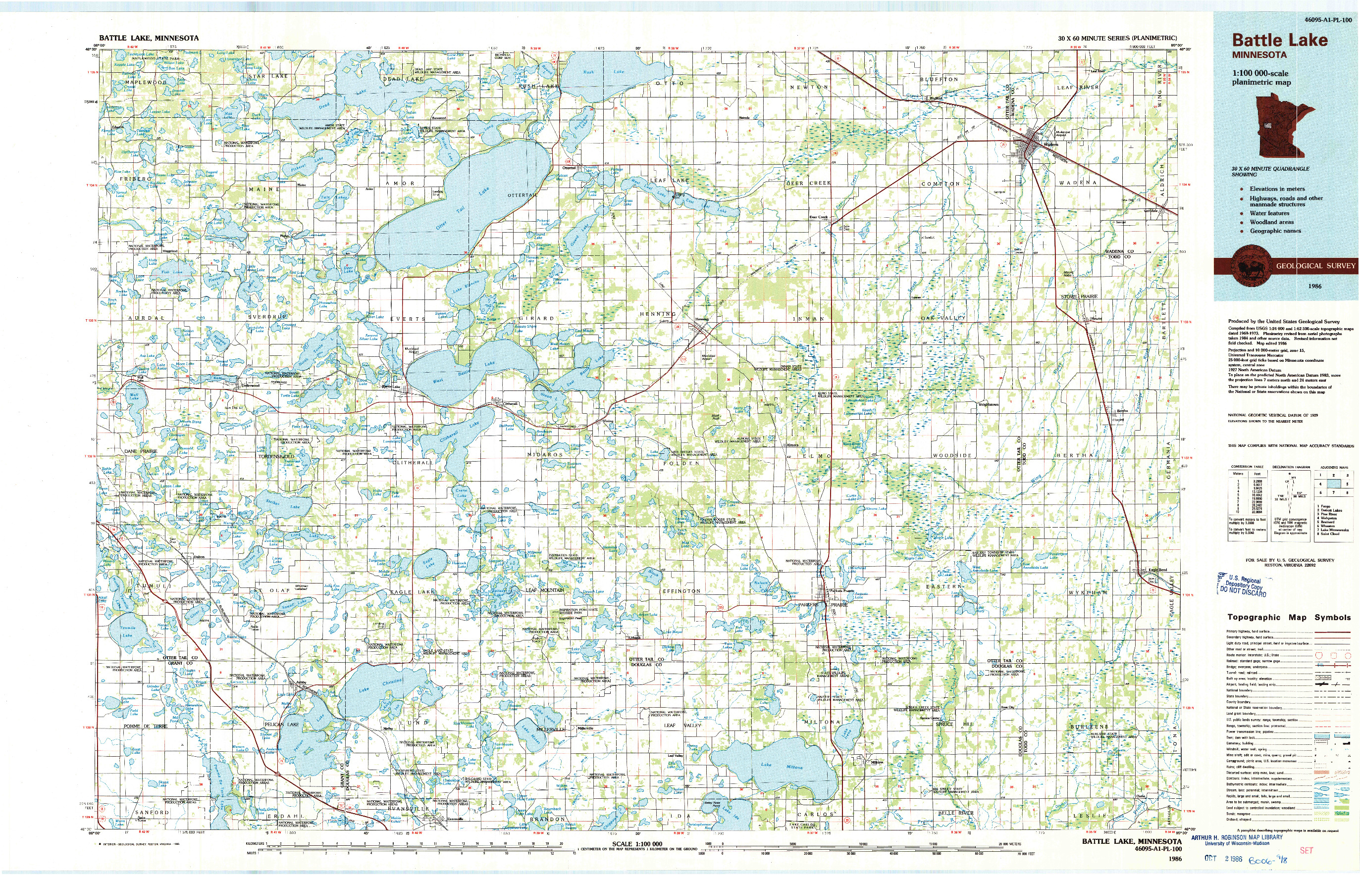 USGS 1:100000-SCALE QUADRANGLE FOR BATTLE LAKE, MN 1986