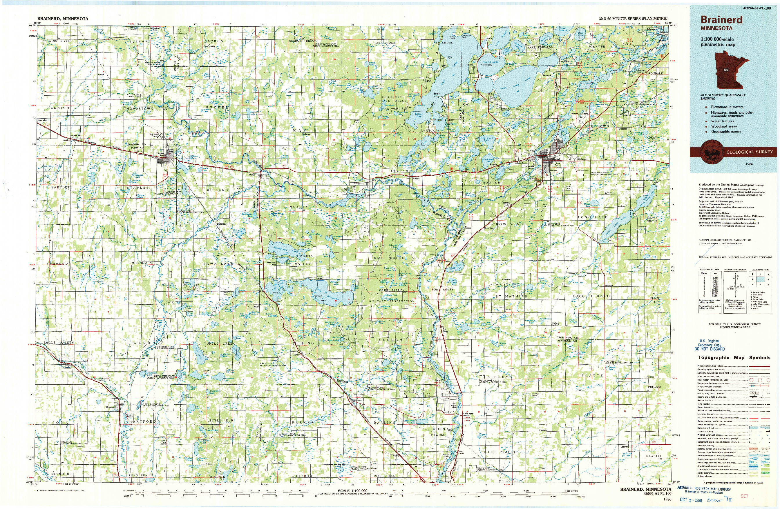 USGS 1:100000-SCALE QUADRANGLE FOR BRAINERD, MN 1986