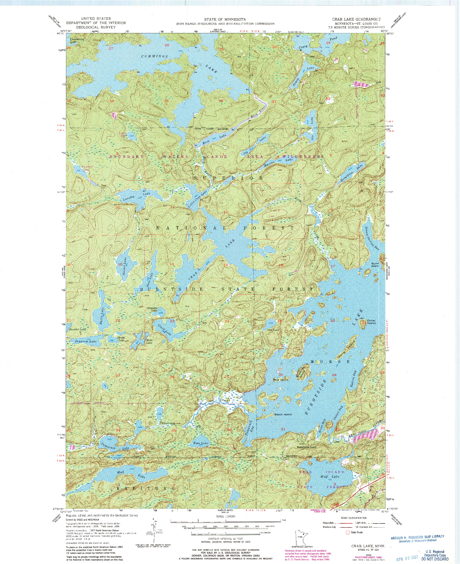 USGS 1:24000-SCALE QUADRANGLE FOR CRAB LAKE, MN 1956