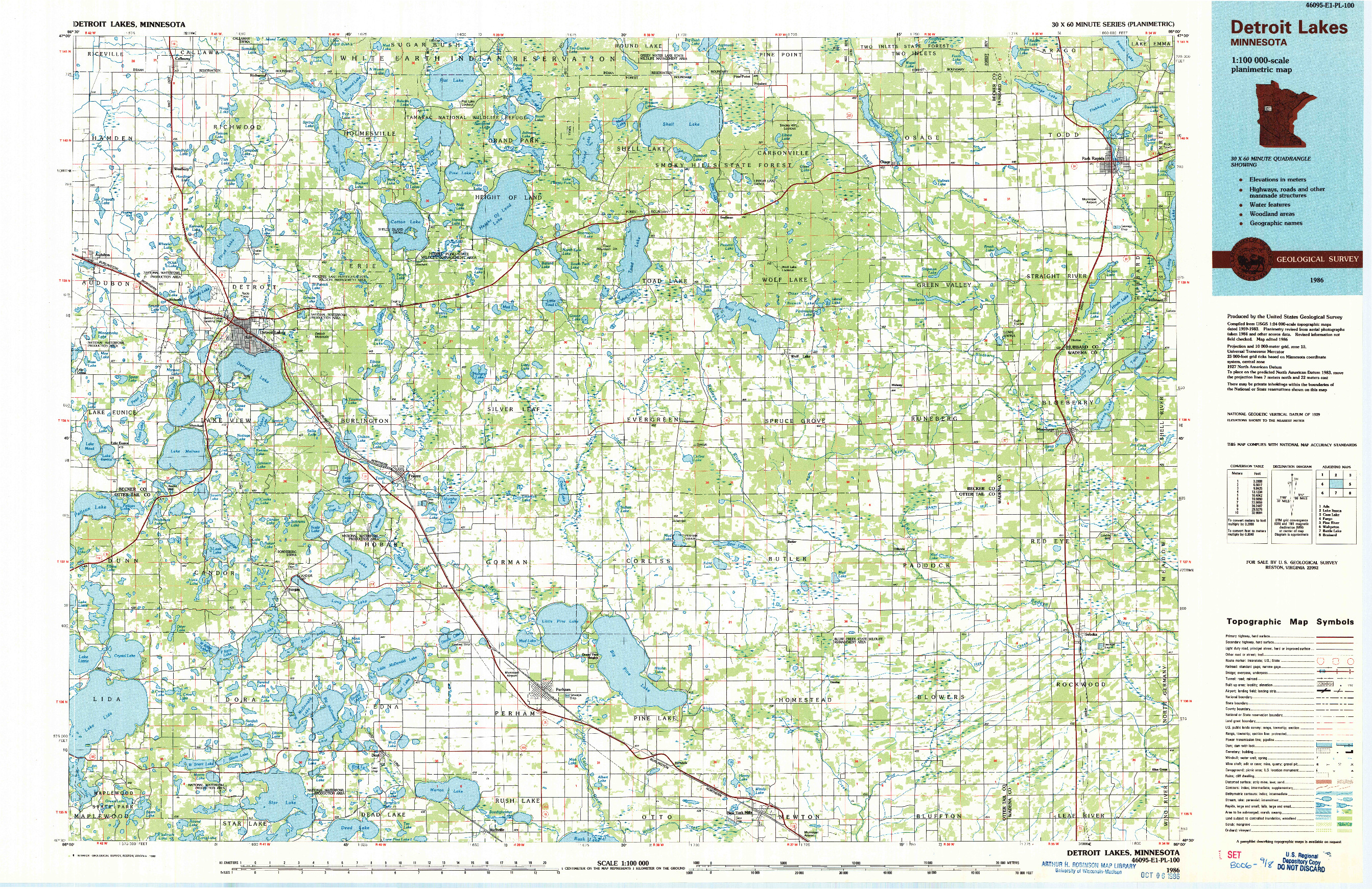 USGS 1:100000-SCALE QUADRANGLE FOR DETROIT LAKES, MN 1986