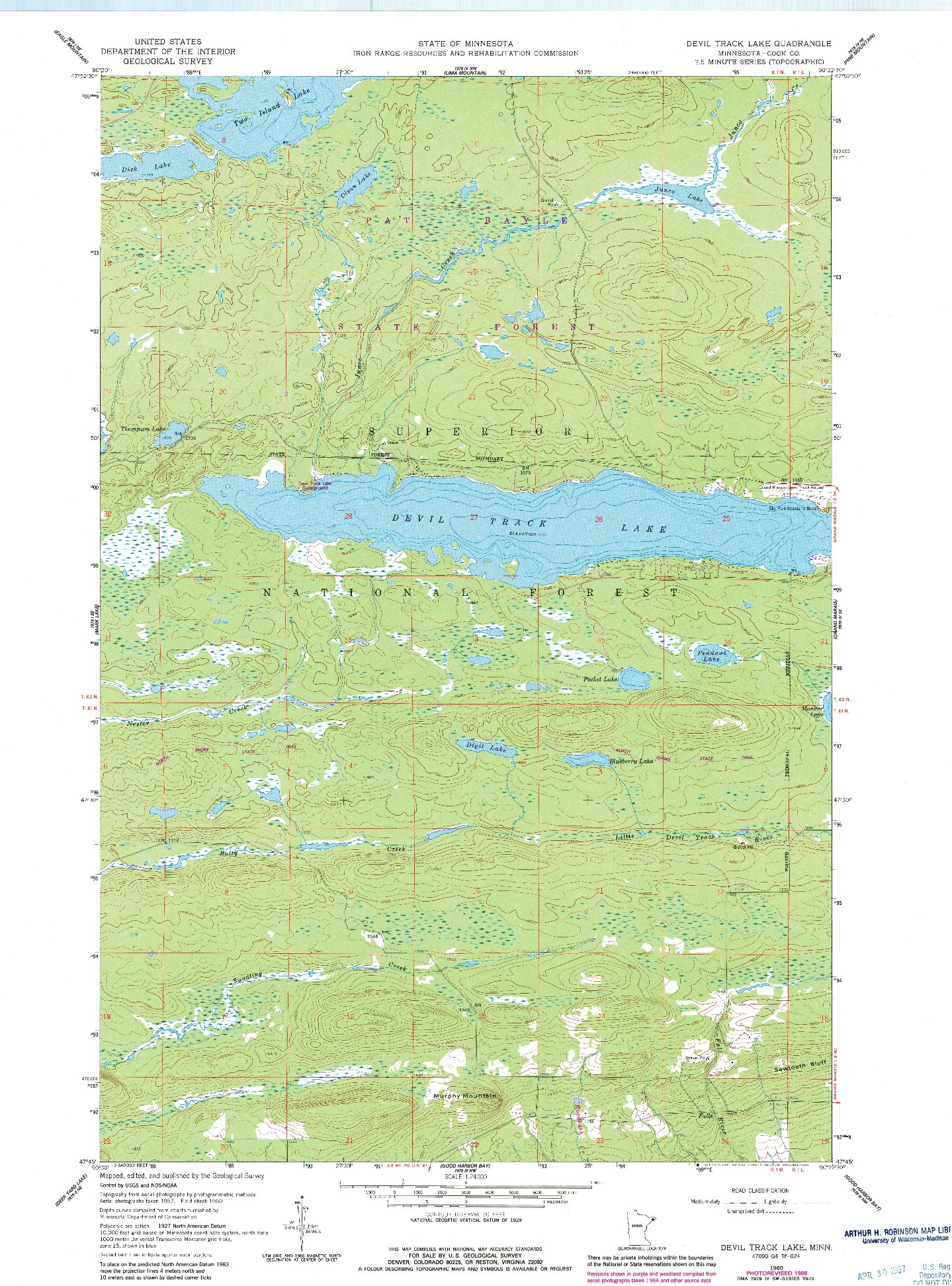 USGS 1:24000-SCALE QUADRANGLE FOR DEVIL TRACK LAKE, MN 1960