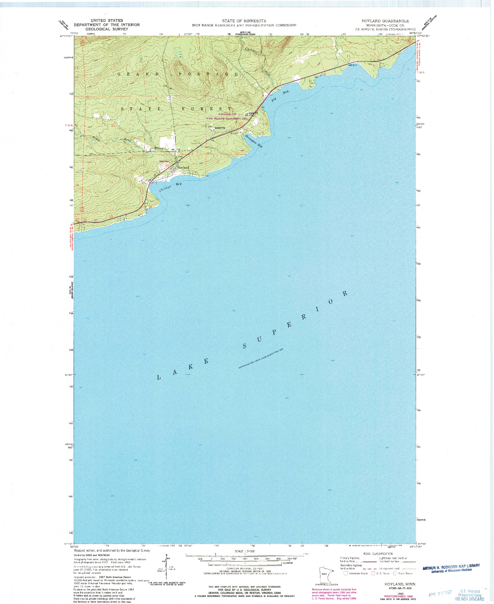 USGS 1:24000-SCALE QUADRANGLE FOR HOVLAND, MN 1960