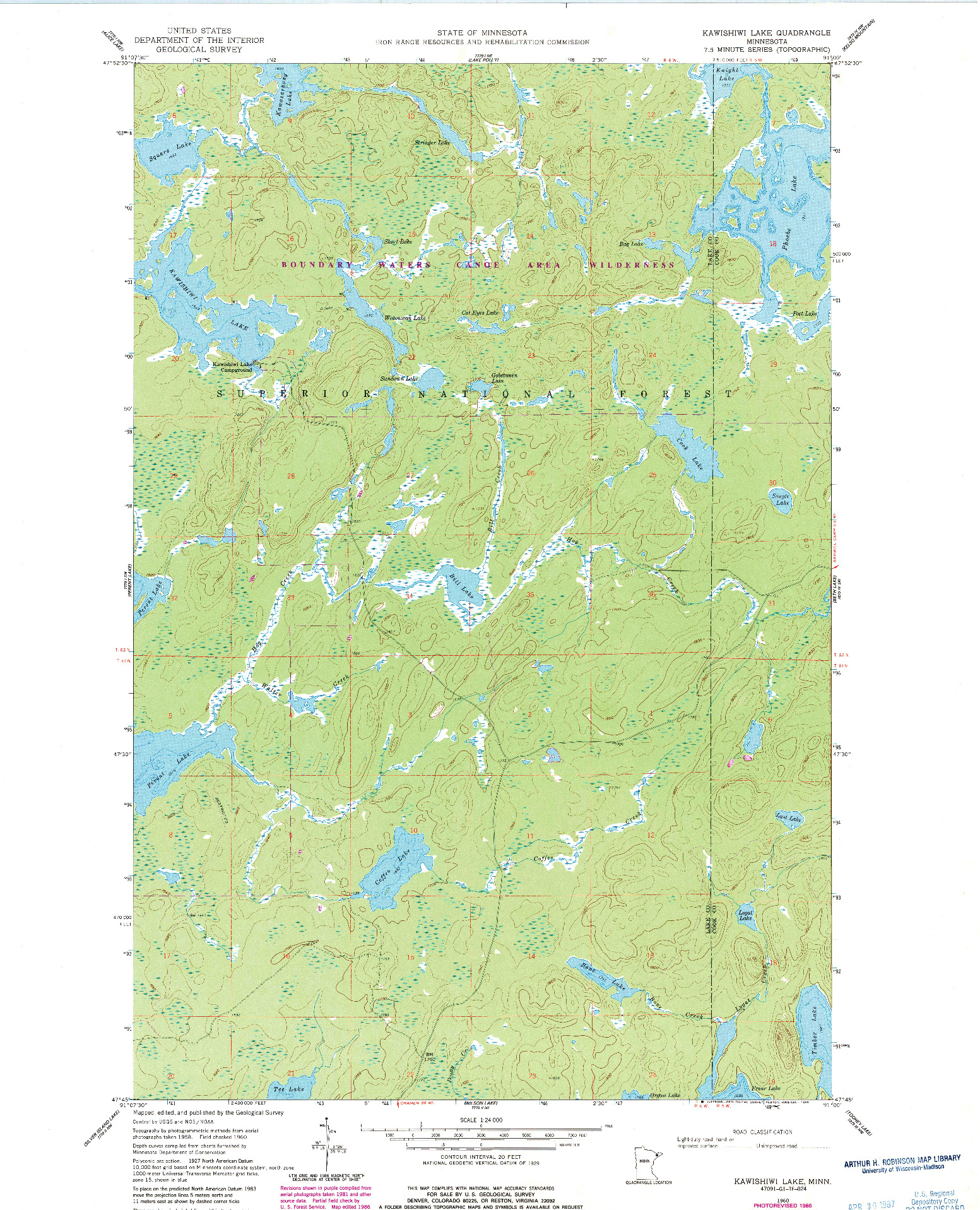 USGS 1:24000-SCALE QUADRANGLE FOR KAWISHIWI LAKE, MN 1960