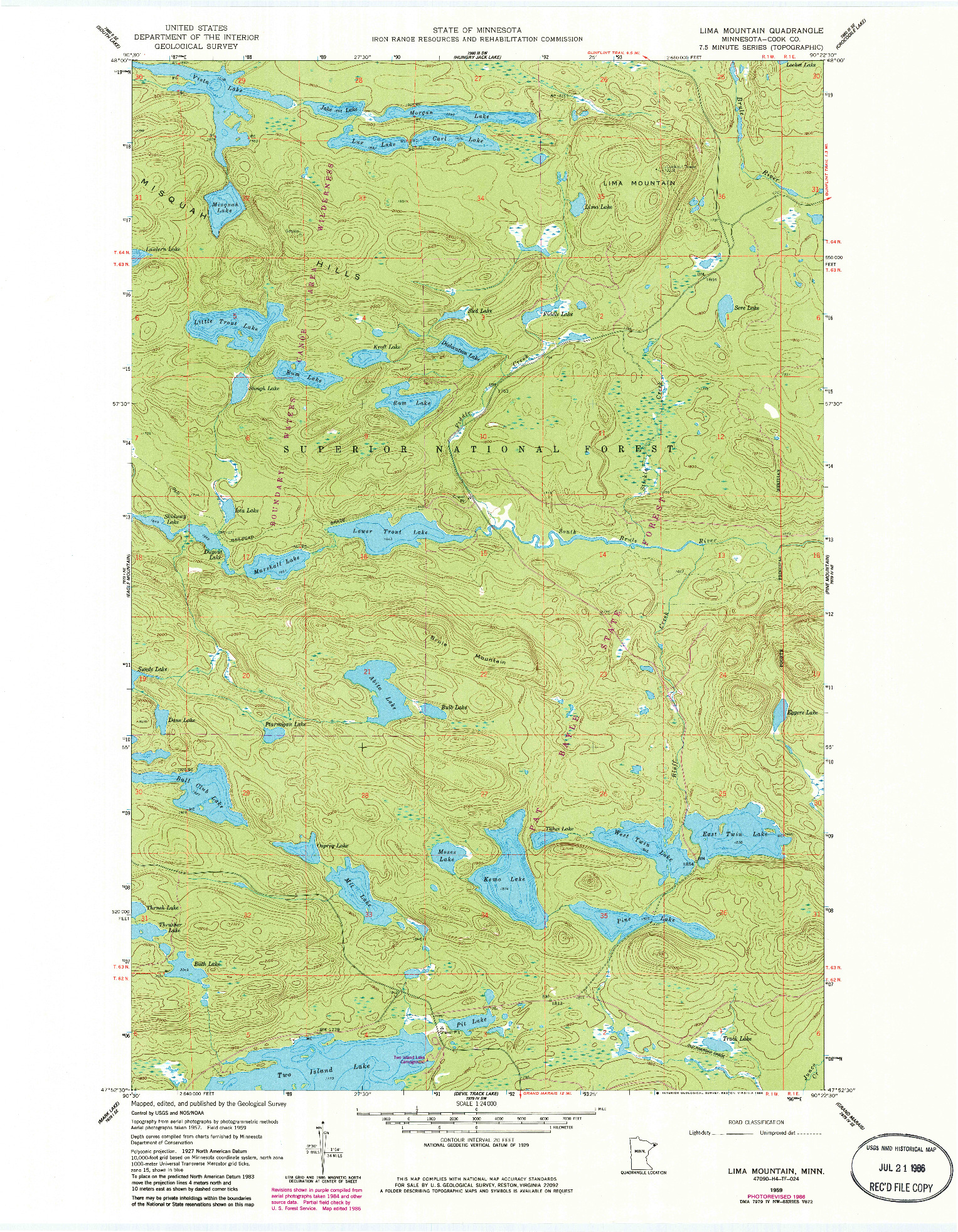 USGS 1:24000-SCALE QUADRANGLE FOR LIMA MOUNTAIN, MN 1959
