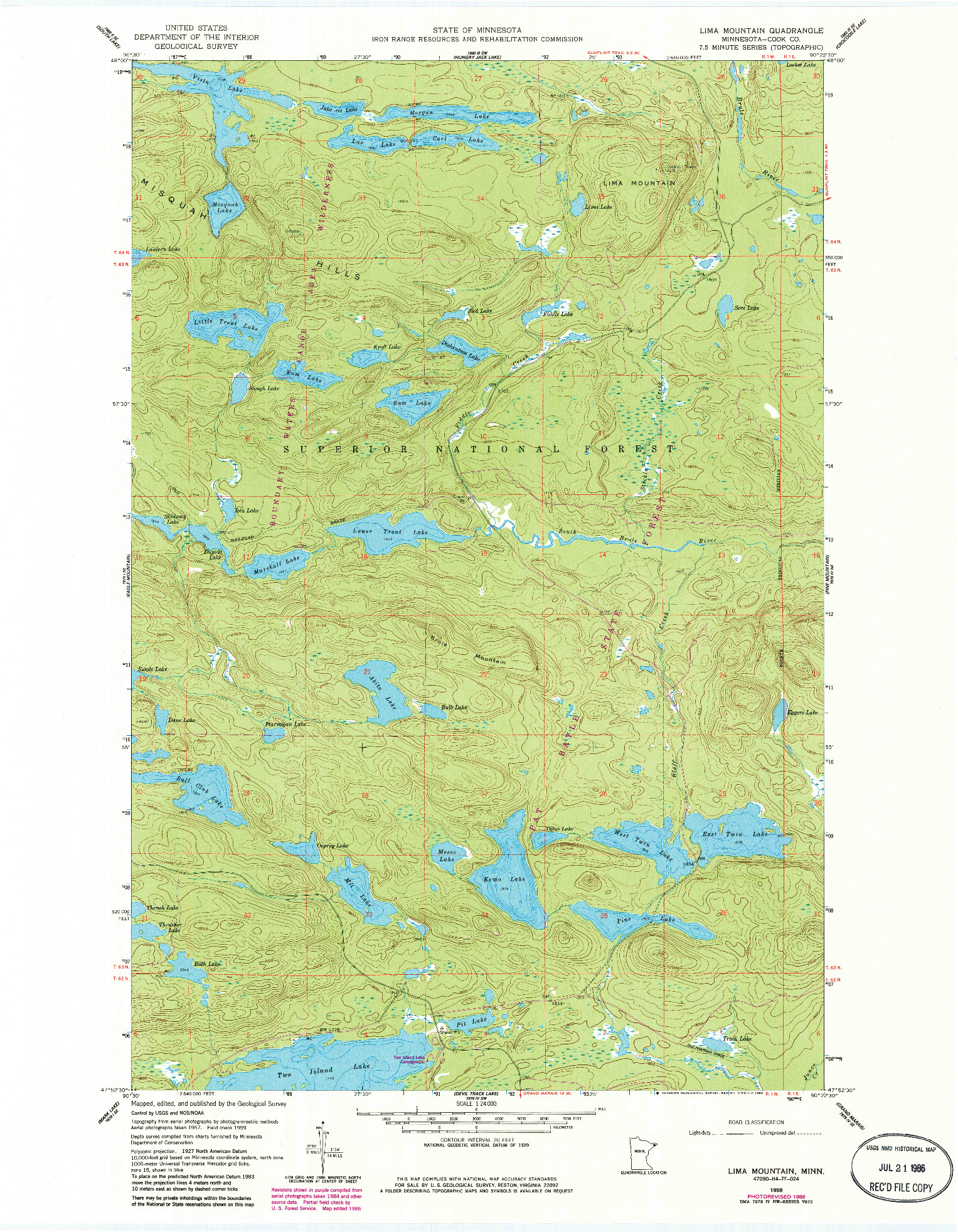 USGS 1:24000-SCALE QUADRANGLE FOR LIMA MOUNTAIN, MN 1959