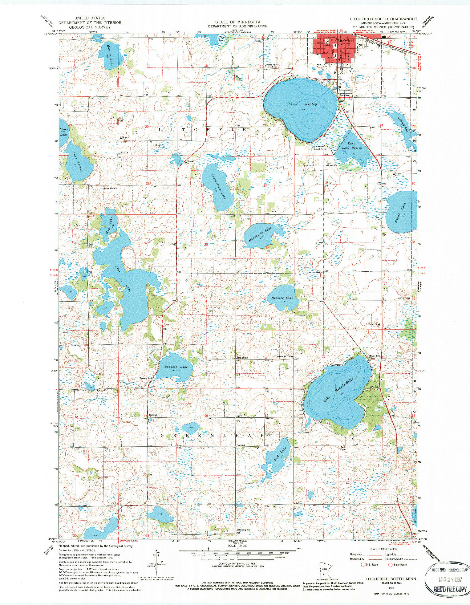 USGS 1:24000-SCALE QUADRANGLE FOR LITCHFIELD SOUTH, MN 1967