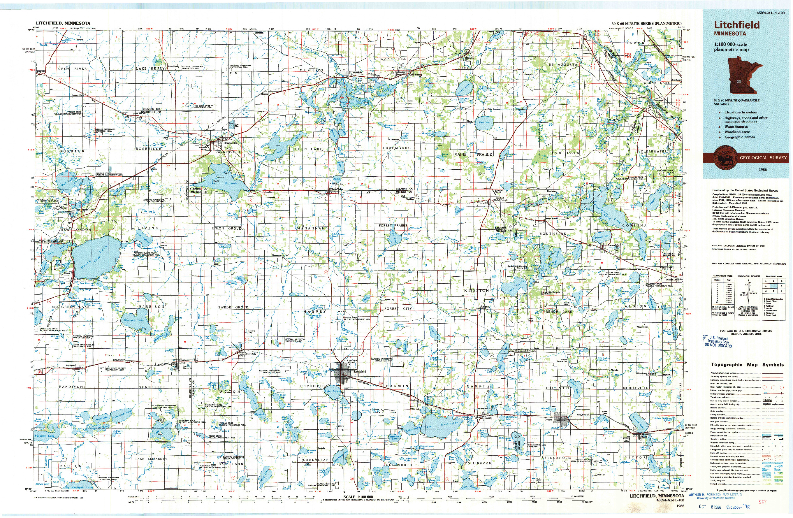 USGS 1:100000-SCALE QUADRANGLE FOR LITCHFIELD, MN 1986