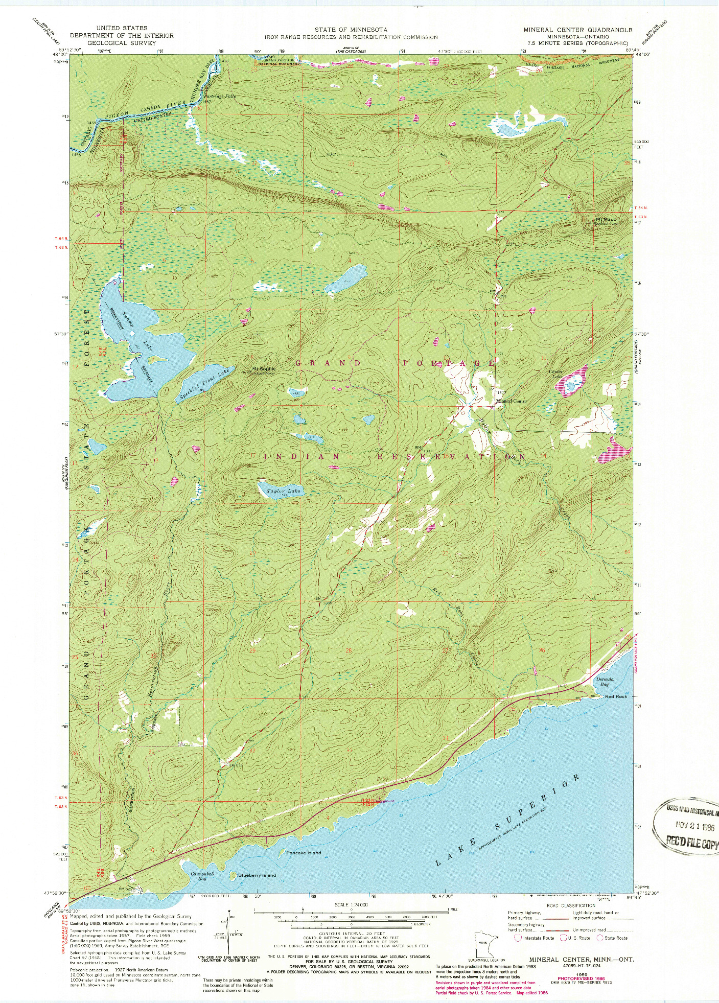 USGS 1:24000-SCALE QUADRANGLE FOR MINERAL CENTER, MN 1959