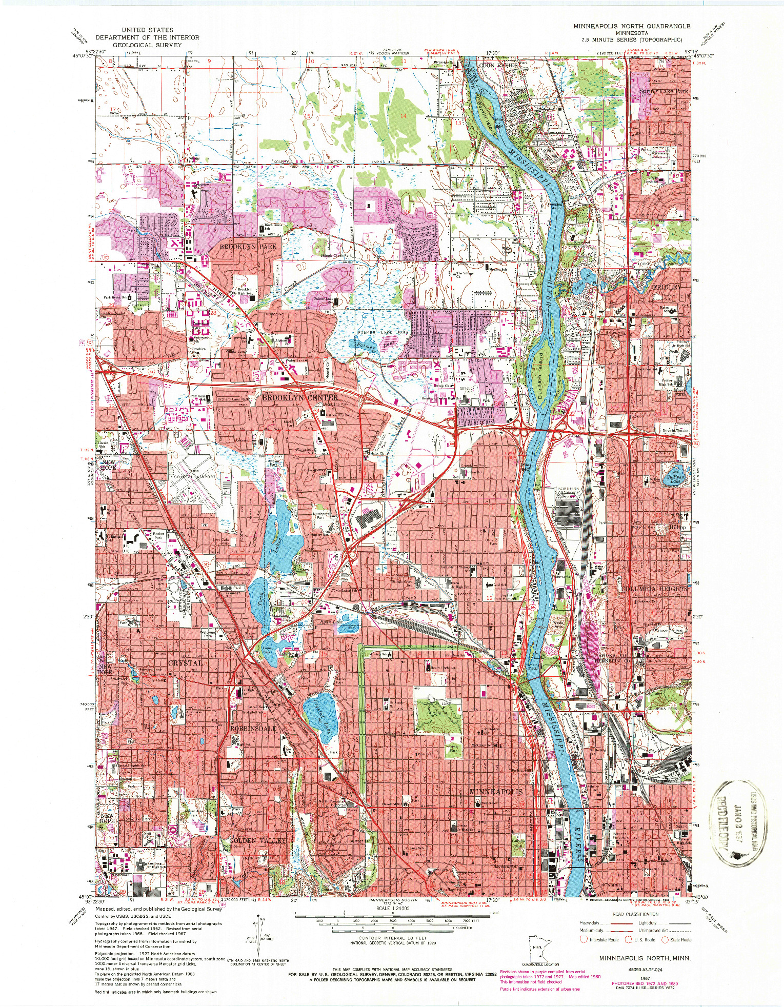 USGS 1:24000-SCALE QUADRANGLE FOR MINNEAPOLIS NORTH, MN 1967