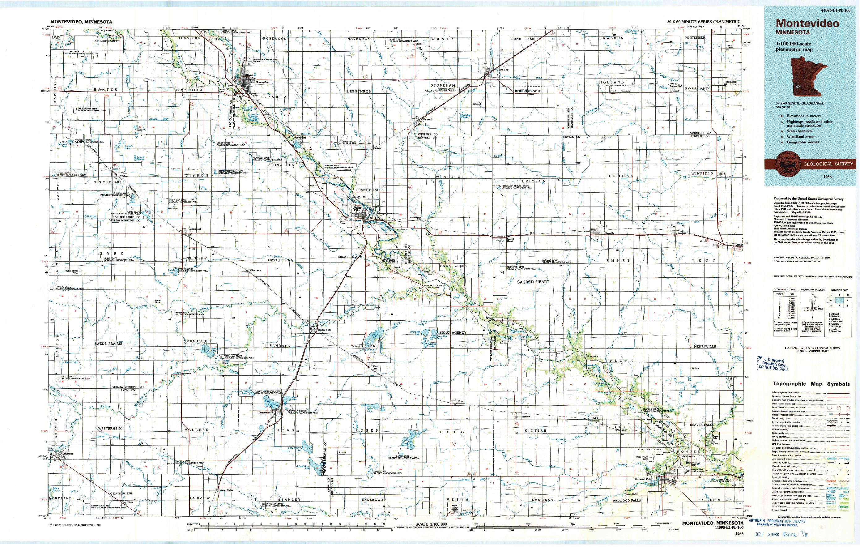 USGS 1:100000-SCALE QUADRANGLE FOR MONTEVIDEO, MN 1986