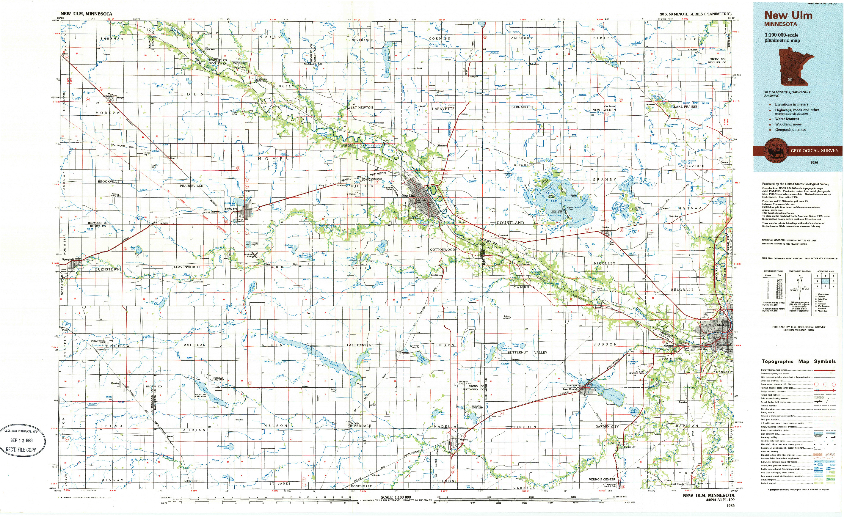 USGS 1:100000-SCALE QUADRANGLE FOR NEW ULM, MN 1986