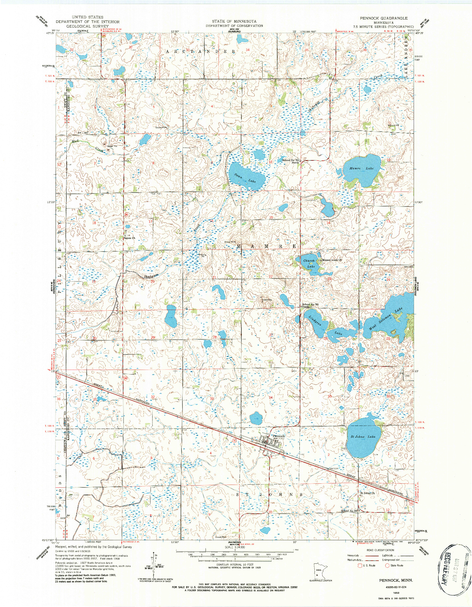 USGS 1:24000-SCALE QUADRANGLE FOR PENNOCK, MN 1958