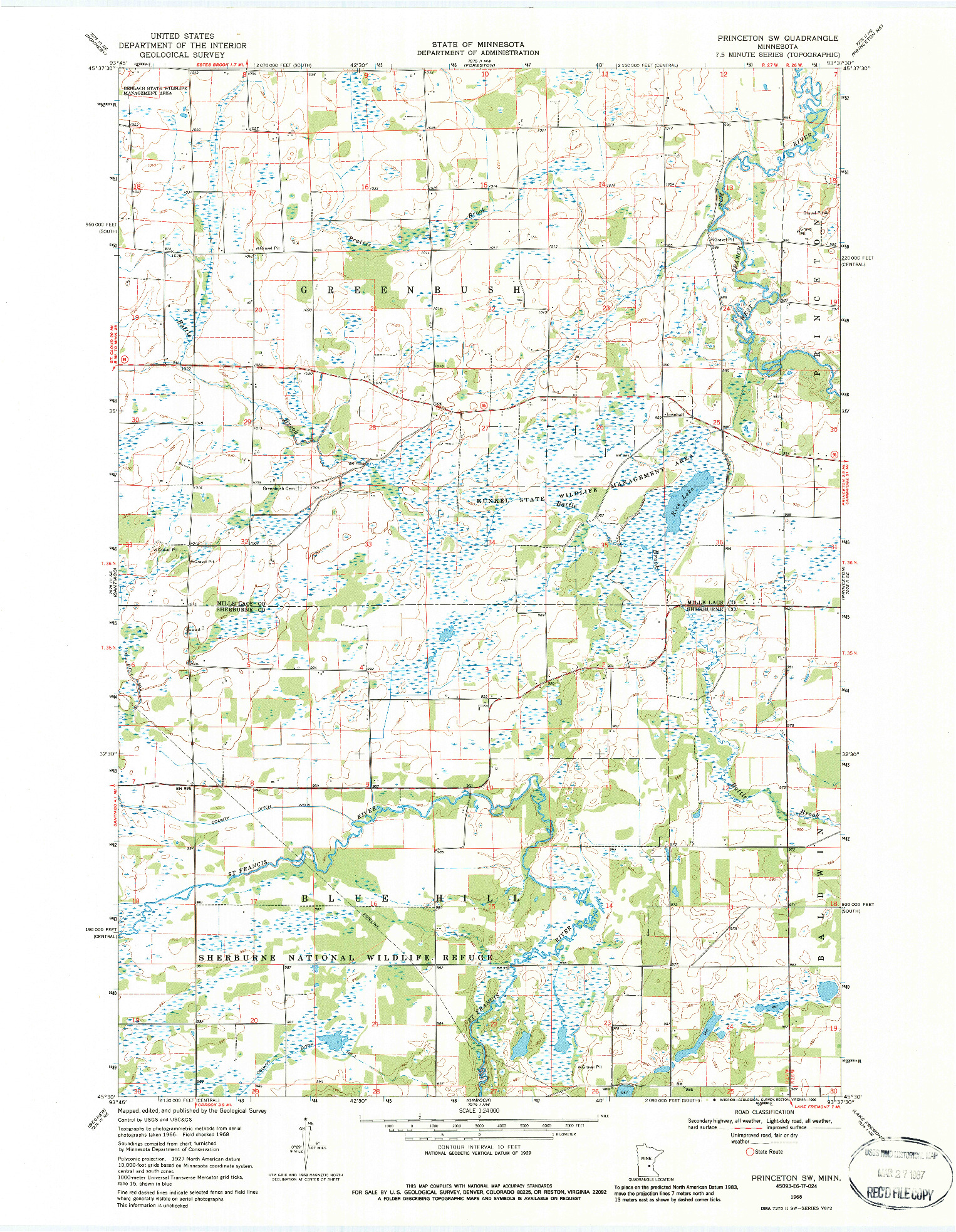 USGS 1:24000-SCALE QUADRANGLE FOR PRINCETON SW, MN 1968