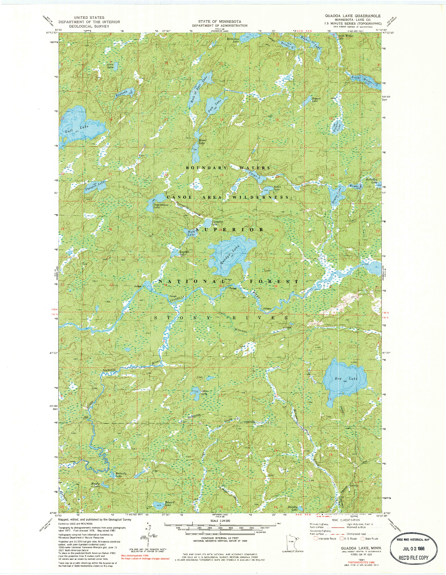 USGS 1:24000-SCALE QUADRANGLE FOR QUADGA LAKE, MN 1981