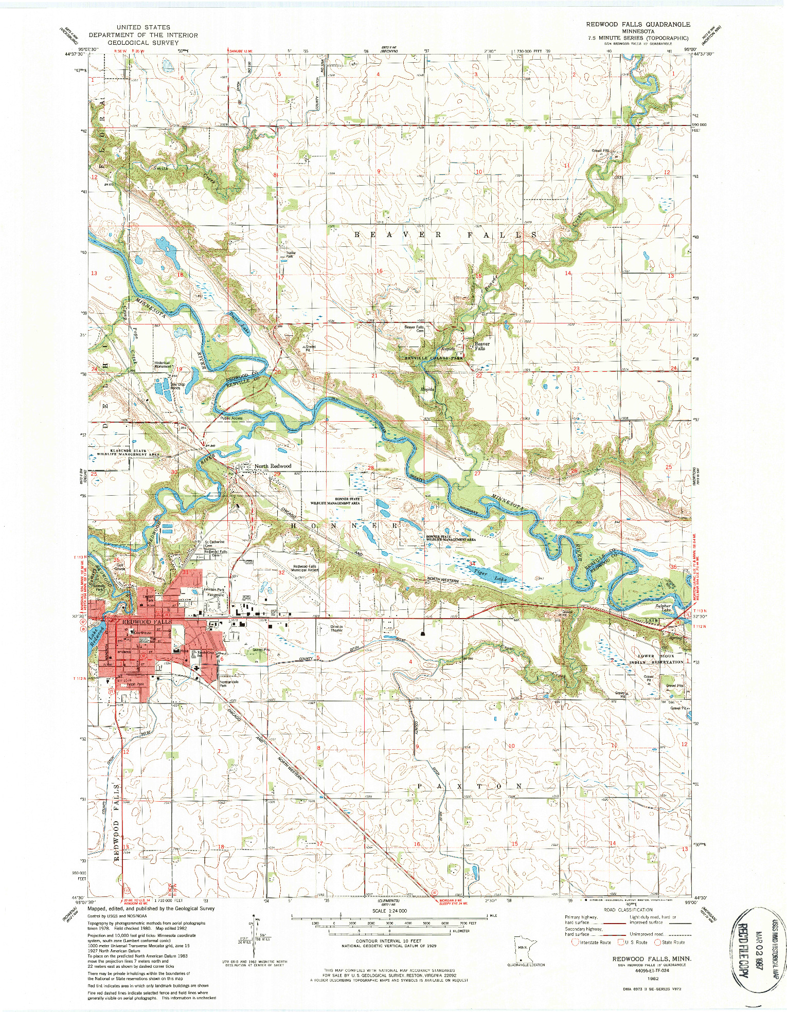 USGS 1:24000-SCALE QUADRANGLE FOR REDWOOD FALLS, MN 1982