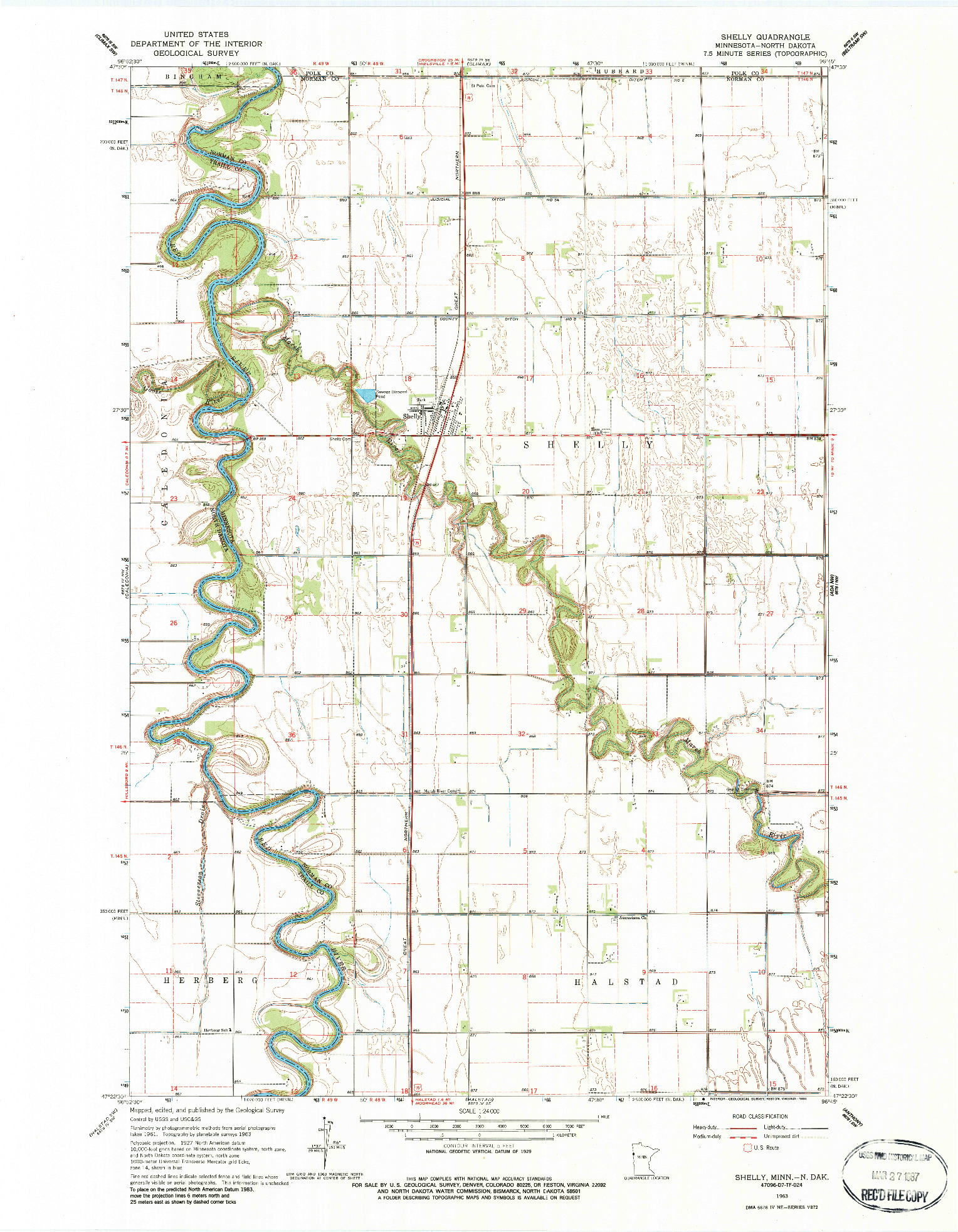 USGS 1:24000-SCALE QUADRANGLE FOR SHELLY, MN 1963
