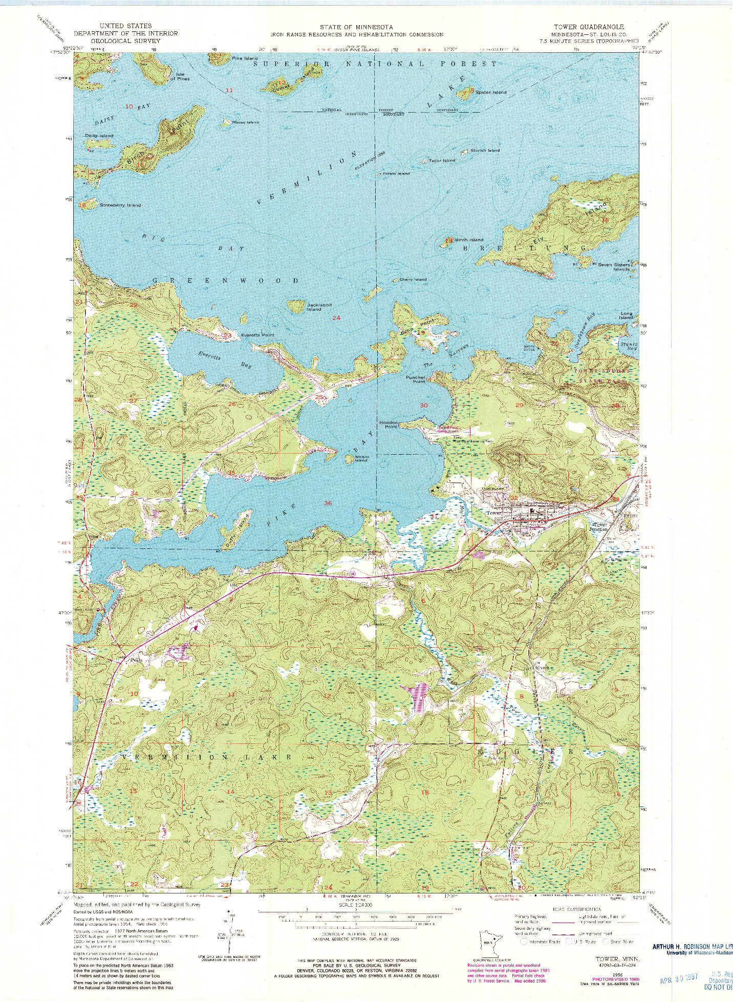 USGS 1:24000-SCALE QUADRANGLE FOR TOWER, MN 1956