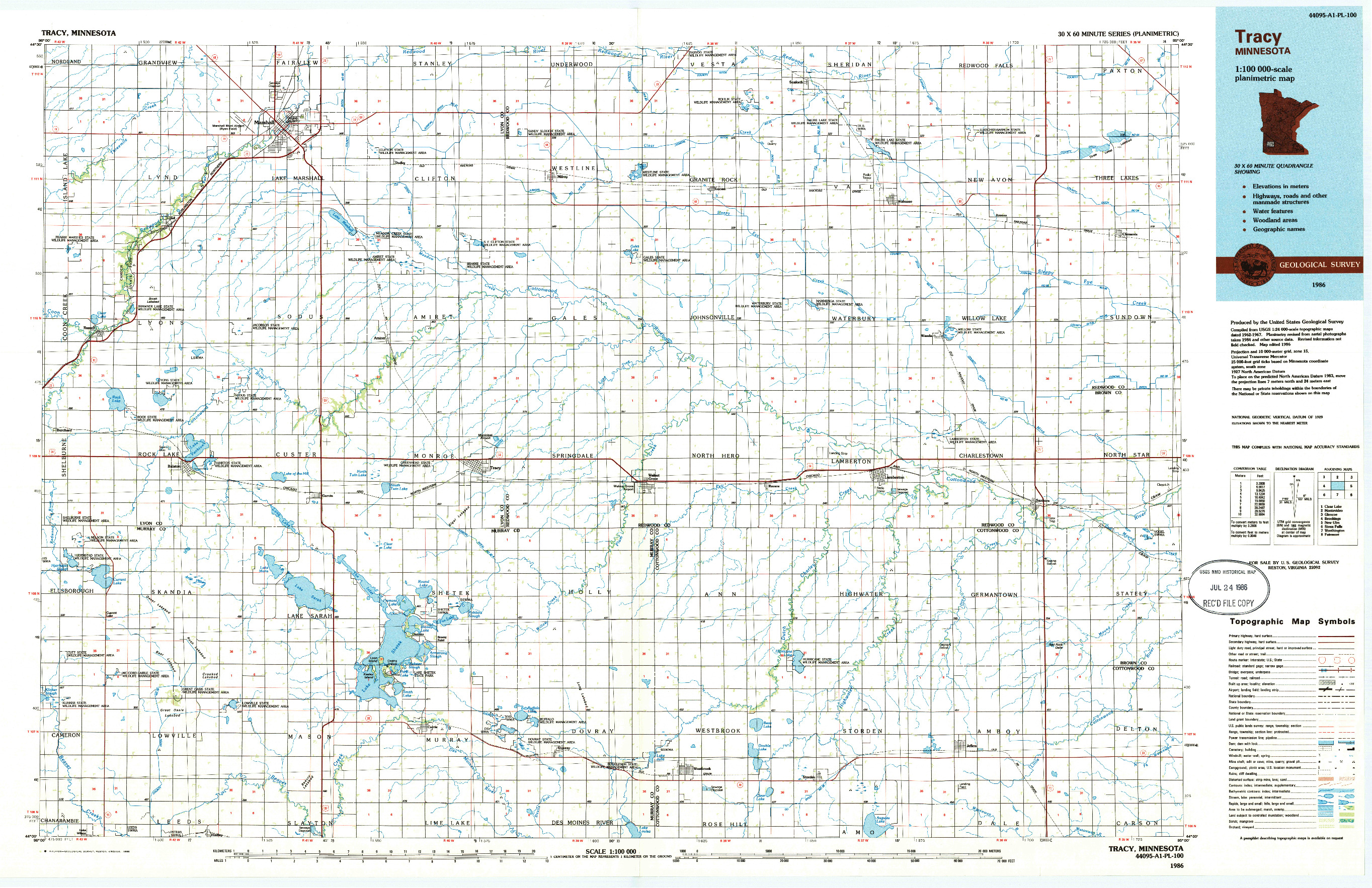 USGS 1:100000-SCALE QUADRANGLE FOR TRACY, MN 1986