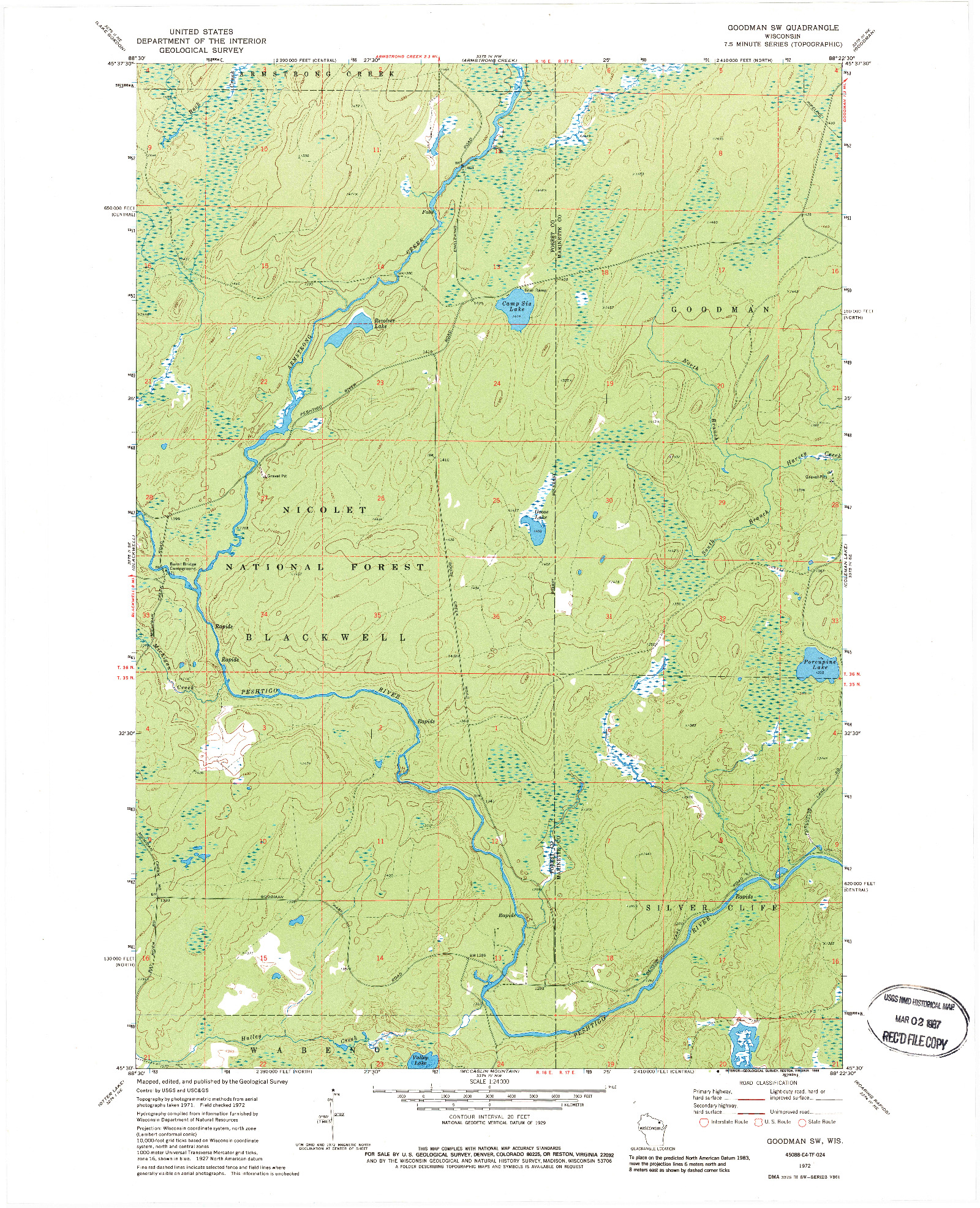 USGS 1:24000-SCALE QUADRANGLE FOR GOODMAN SW, WI 1972