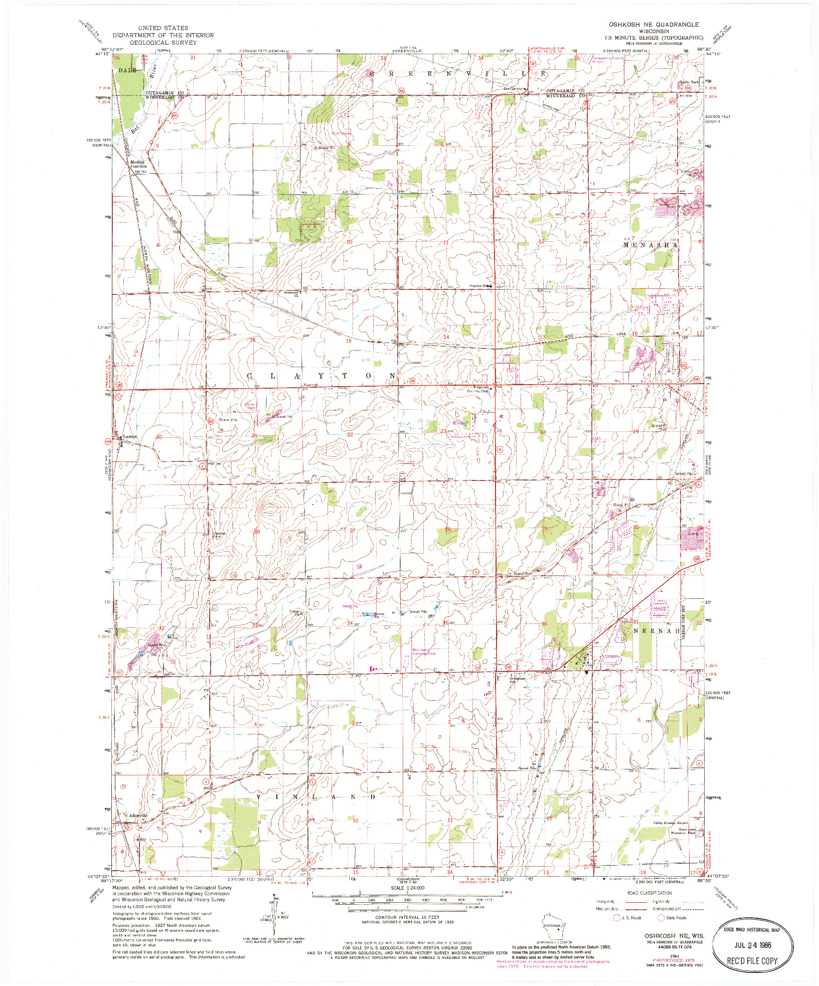 USGS 1:24000-SCALE QUADRANGLE FOR OSHKOSH NE, WI 1961