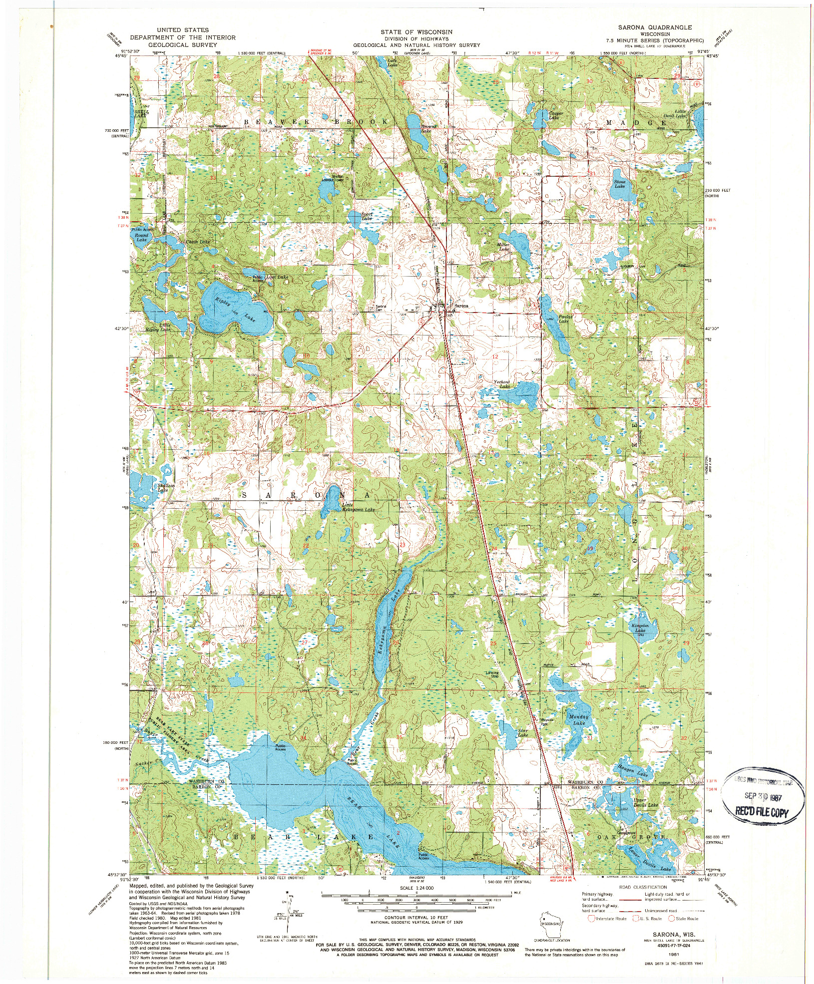 USGS 1:24000-SCALE QUADRANGLE FOR SARONA, WI 1981