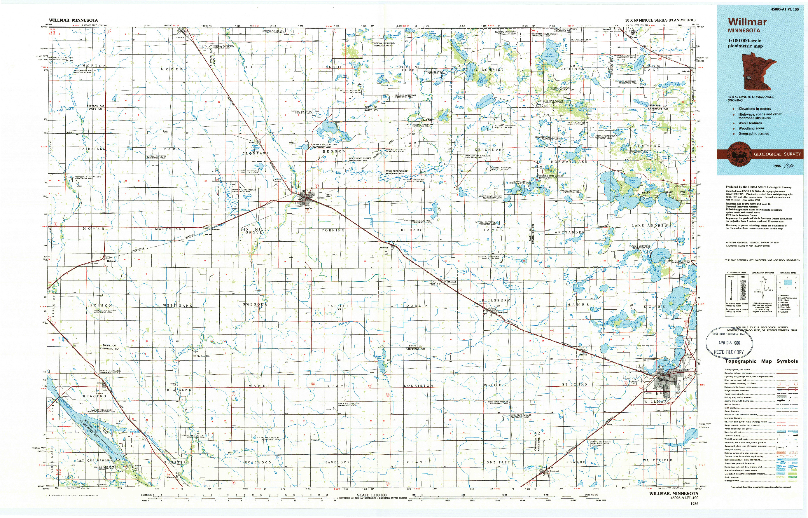 USGS 1:100000-SCALE QUADRANGLE FOR WILLMAR, MN 1986
