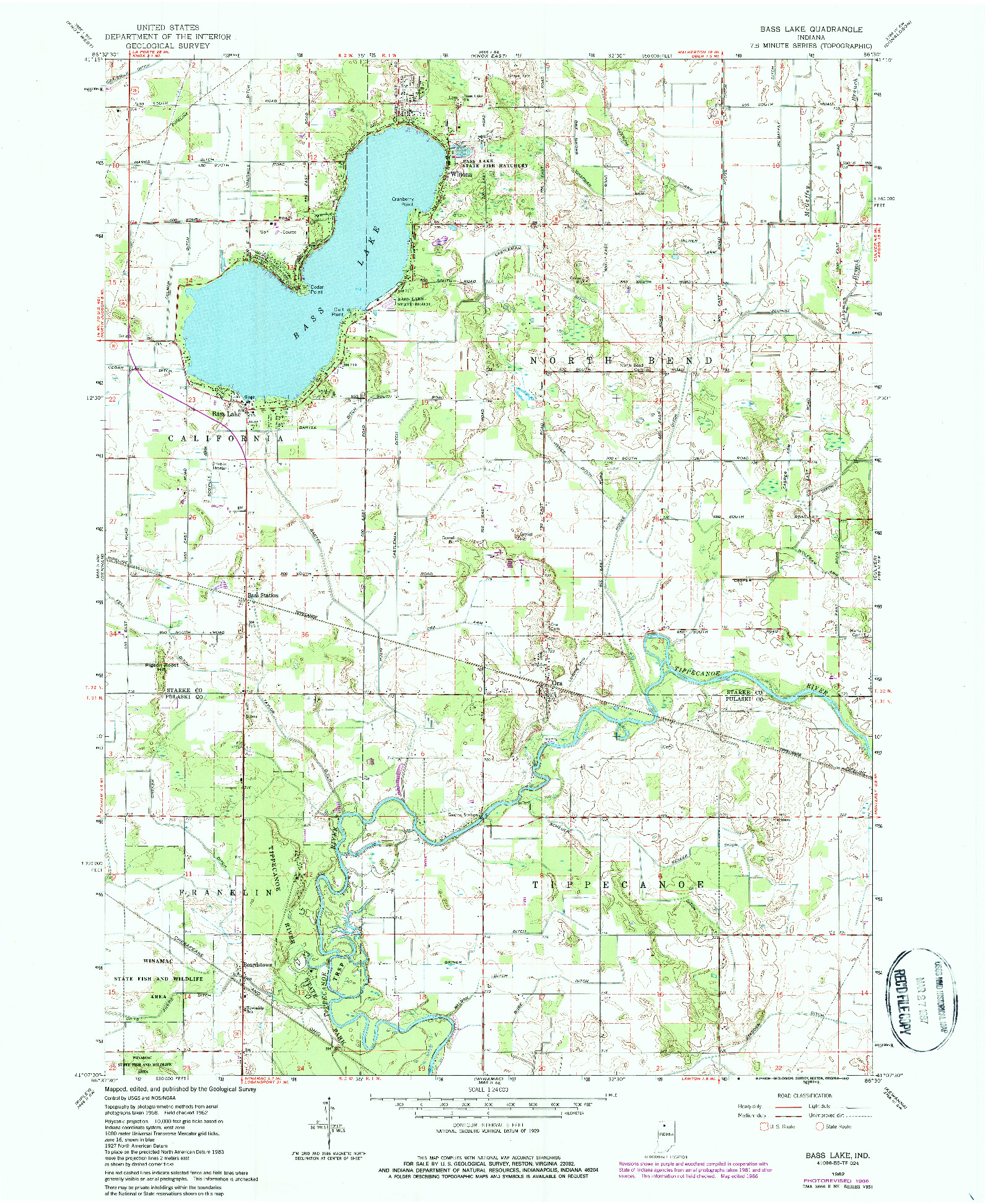 USGS 1:24000-SCALE QUADRANGLE FOR BASS LAKE, IN 1962