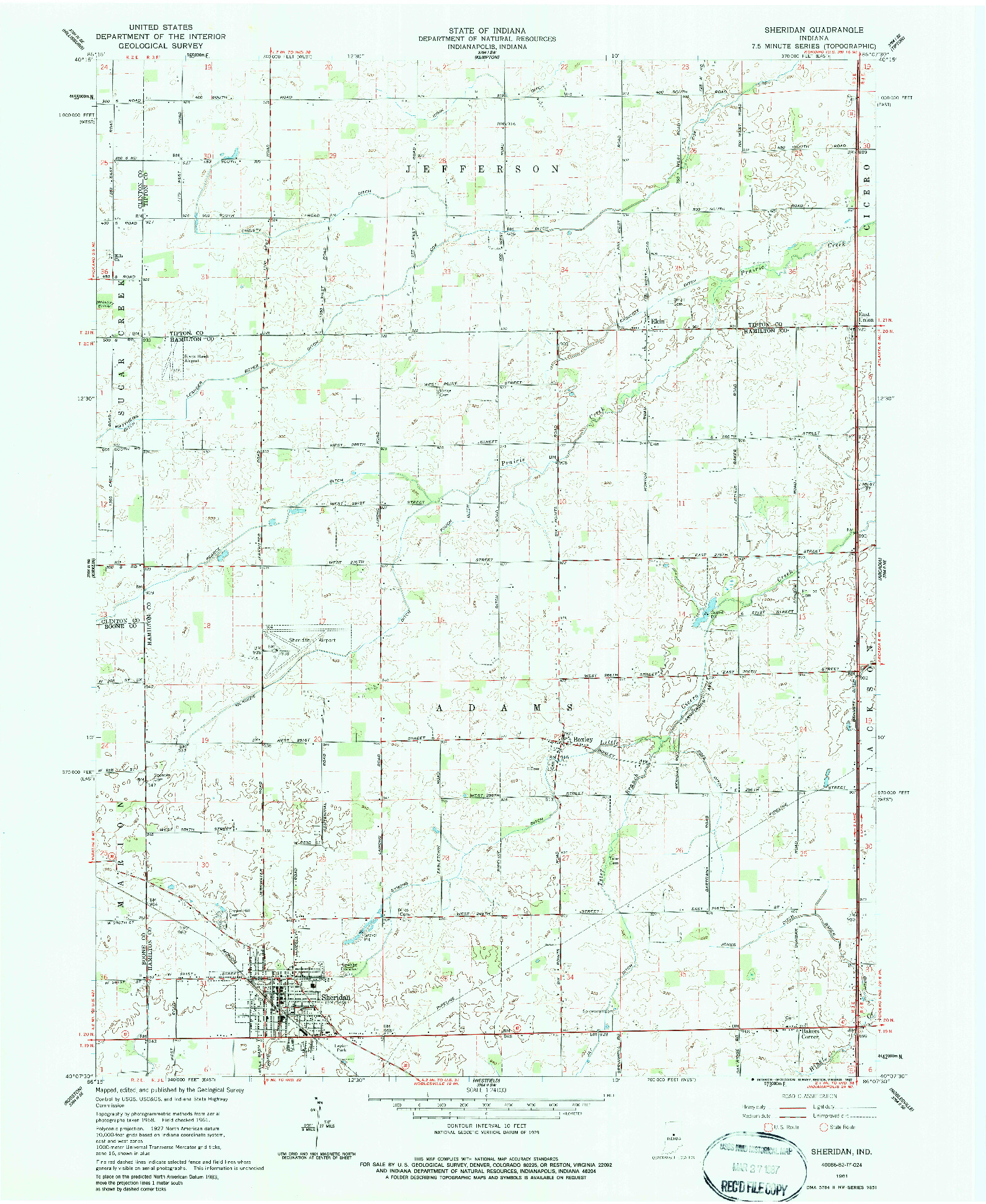 USGS 1:24000-SCALE QUADRANGLE FOR SHERIDAN, IN 1961