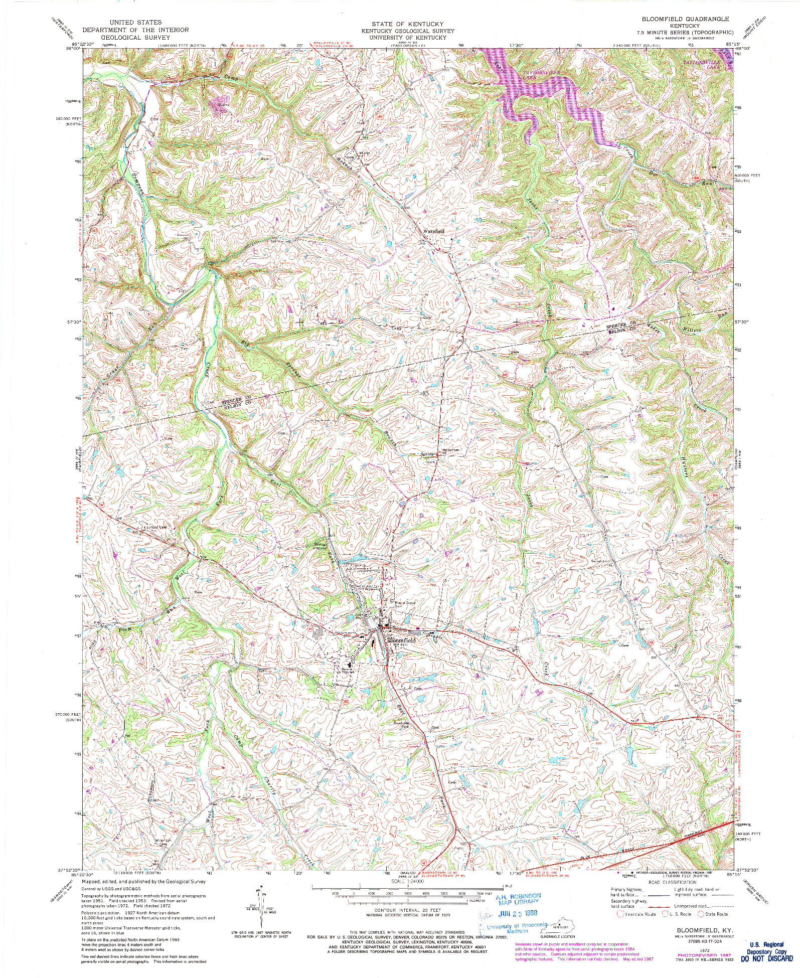 USGS 1:24000-SCALE QUADRANGLE FOR BLOOMFIELD, KY 1972